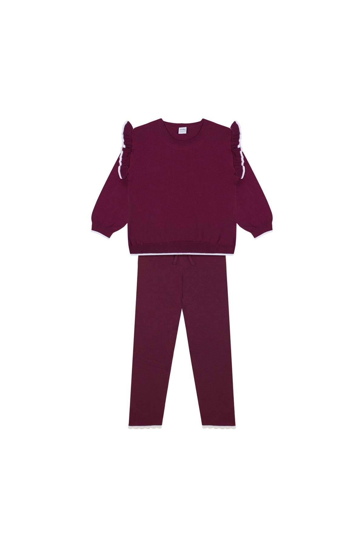 Beyaz Fırfırlı Bordo Triko Sweatshirt Tayt Takım Bordo