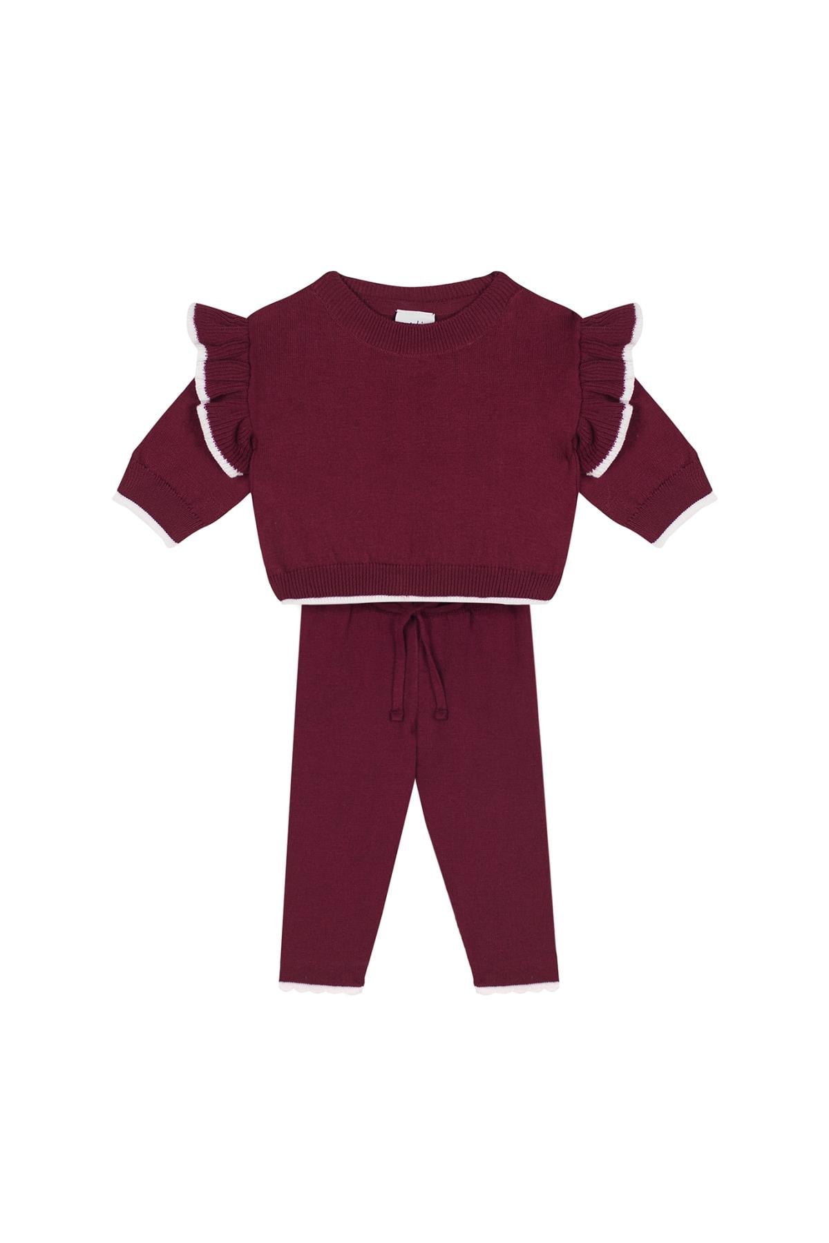 Beyaz Kontrast Detaylı Fırfırlı Bordo Triko Bebek Bordo