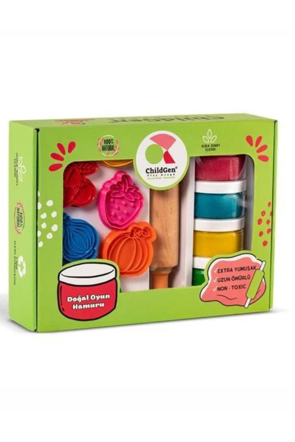 Childgen / PREMIUM SET -  MEYVELER VE SEBZELER* 4 adet oyun hamuru*1 adet merdane*12 adet detaylı kalıp Çok Renkli