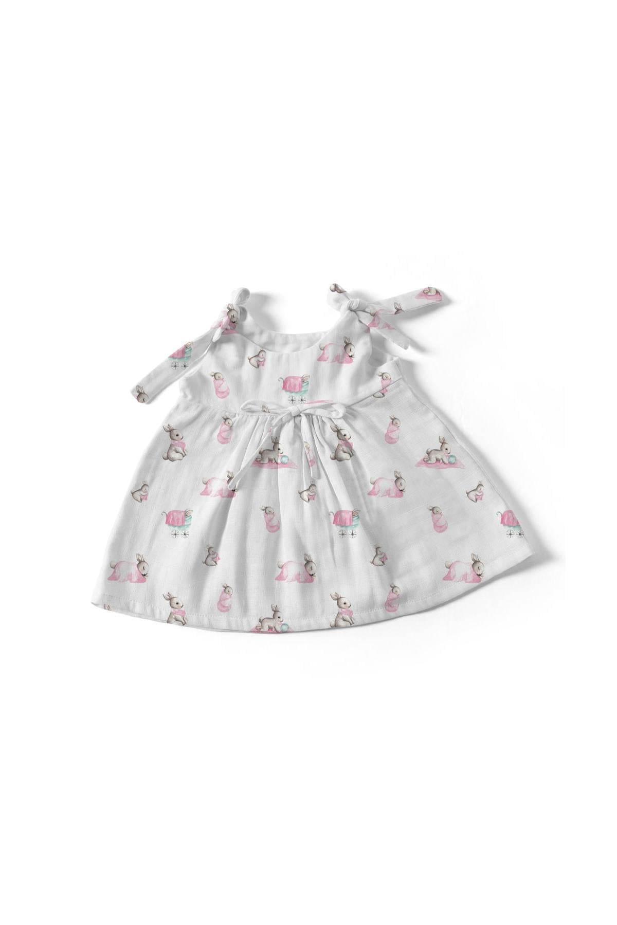 Deux Lapins / Müslin Bebek Elbise - Bébé Lapin Rose std