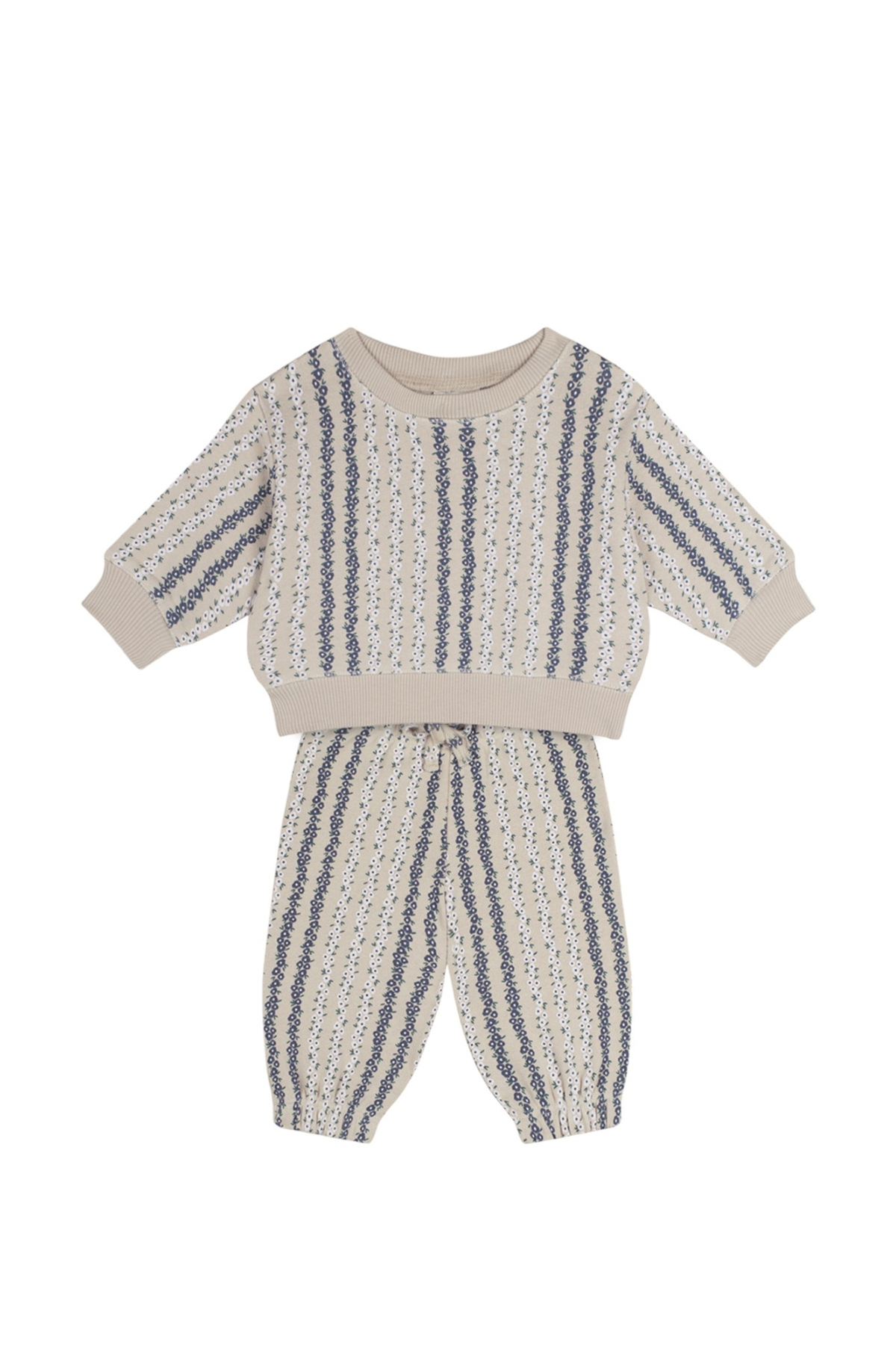 Dikey Çiçek Sweatshirt Pantolon Set Krem