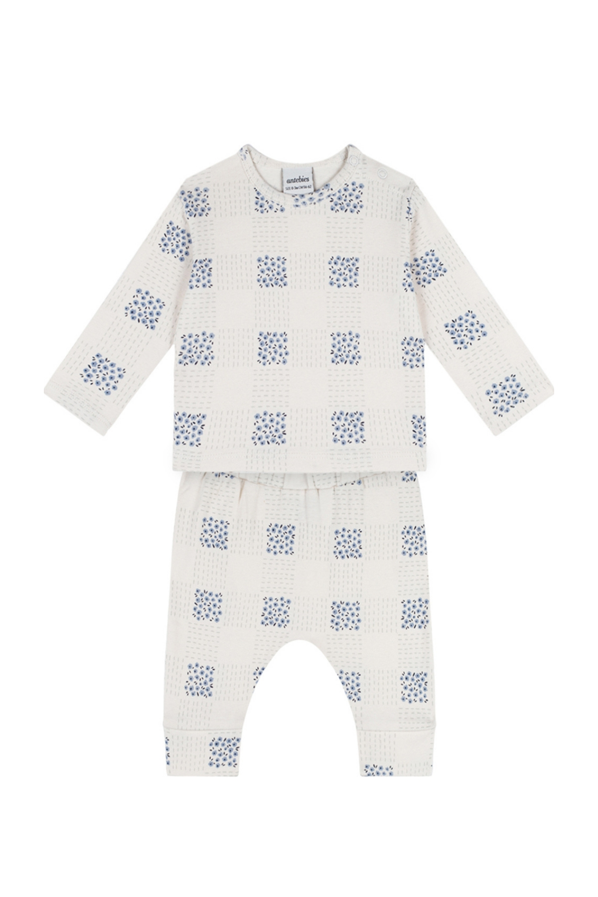 Ekose Çiçek Uzun Kollu Tshirt Pantolon Set Krem