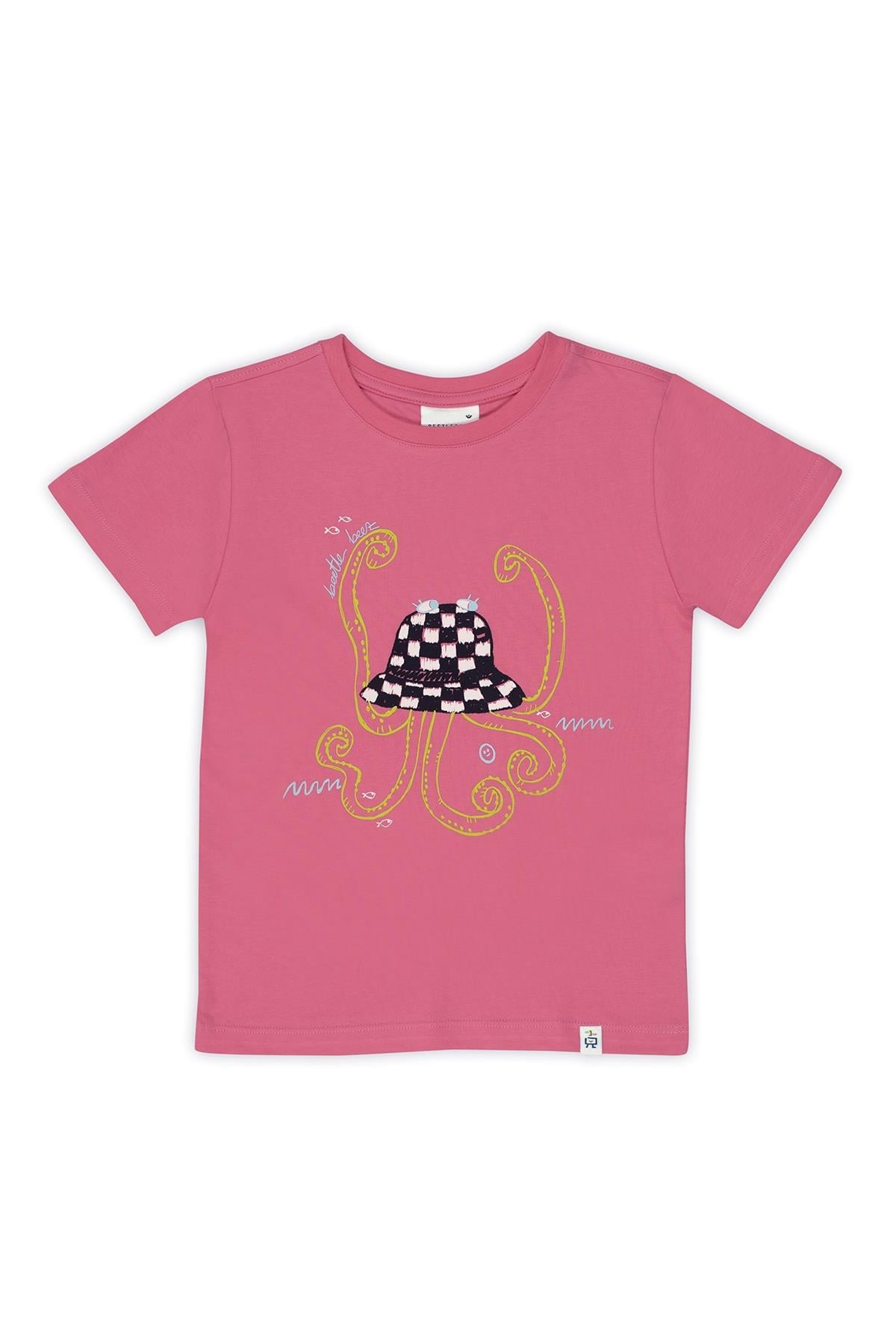 Funky Octopus Hat T-Shirt Kısa Kollu Baskılı Çocuk T-Shirt Pembe