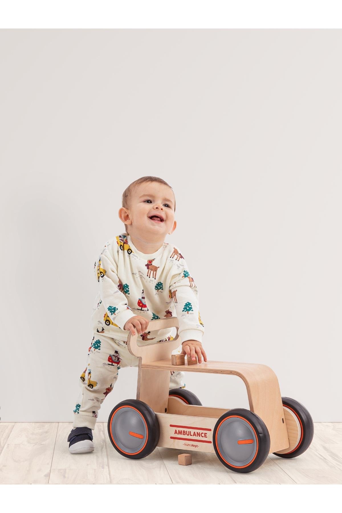 Mamatoyz /03DRİVEME WOOD AMBULANCE WALKER + RIDEON +TOY WAGON Renksiz
