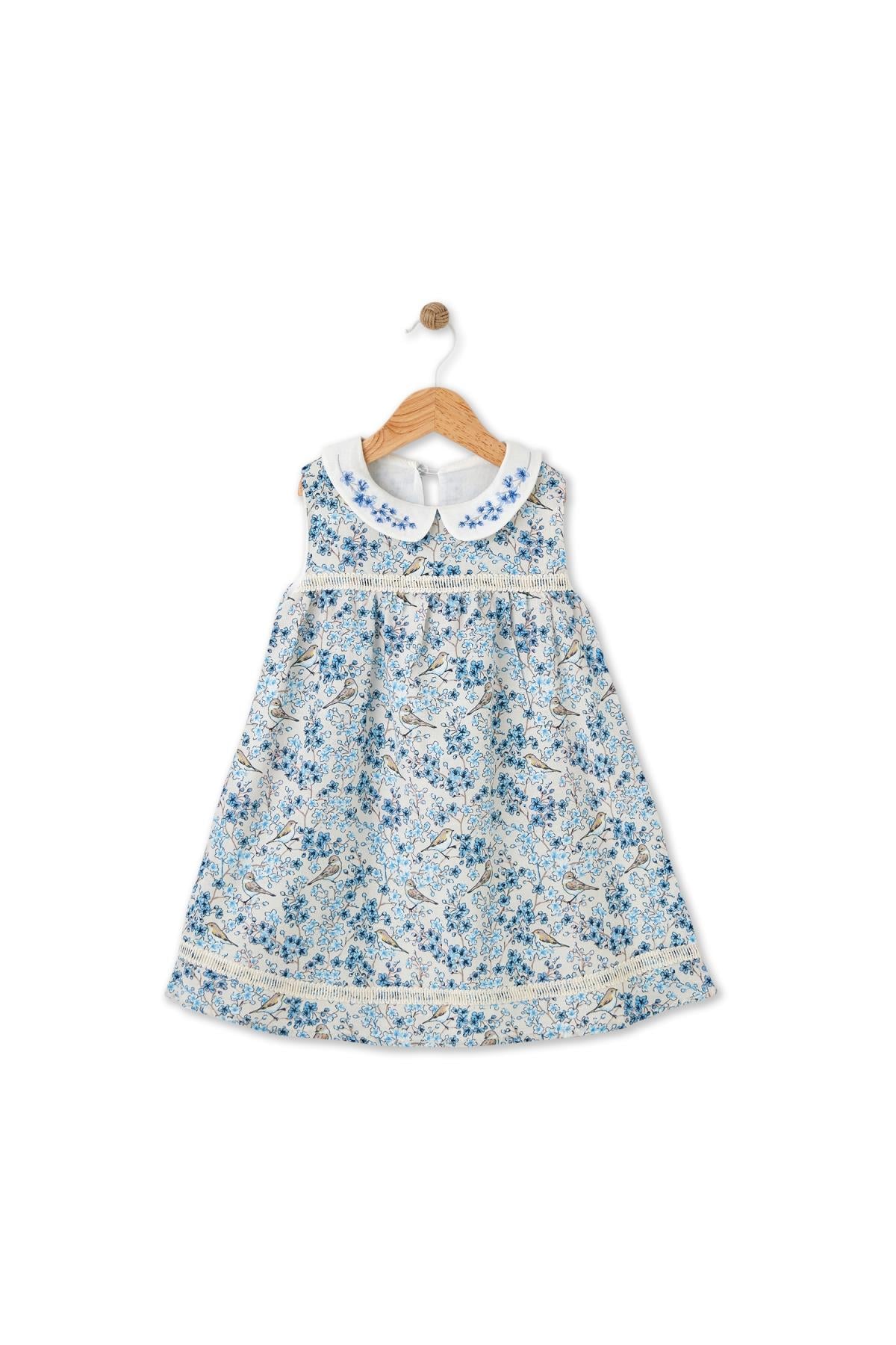 Maya Luca /Bloomy Spring Desenli Motif İşlemeli Mavi Elbise Çok Renkli