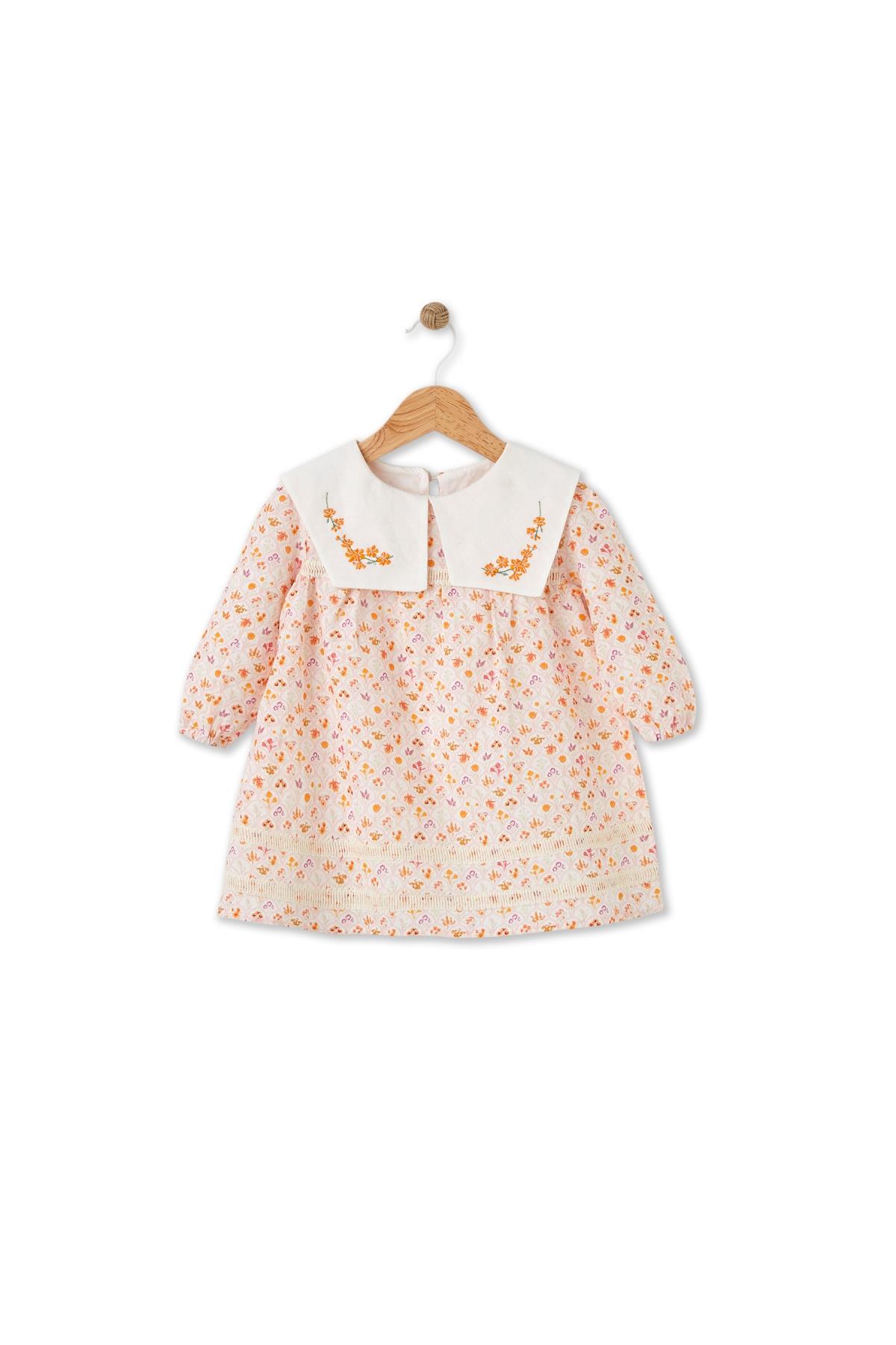 Maya Luca /Bloomy Spring Desenli Uzun Kollu Motif İşlemeli Turuncu Elbise Çok Renkli