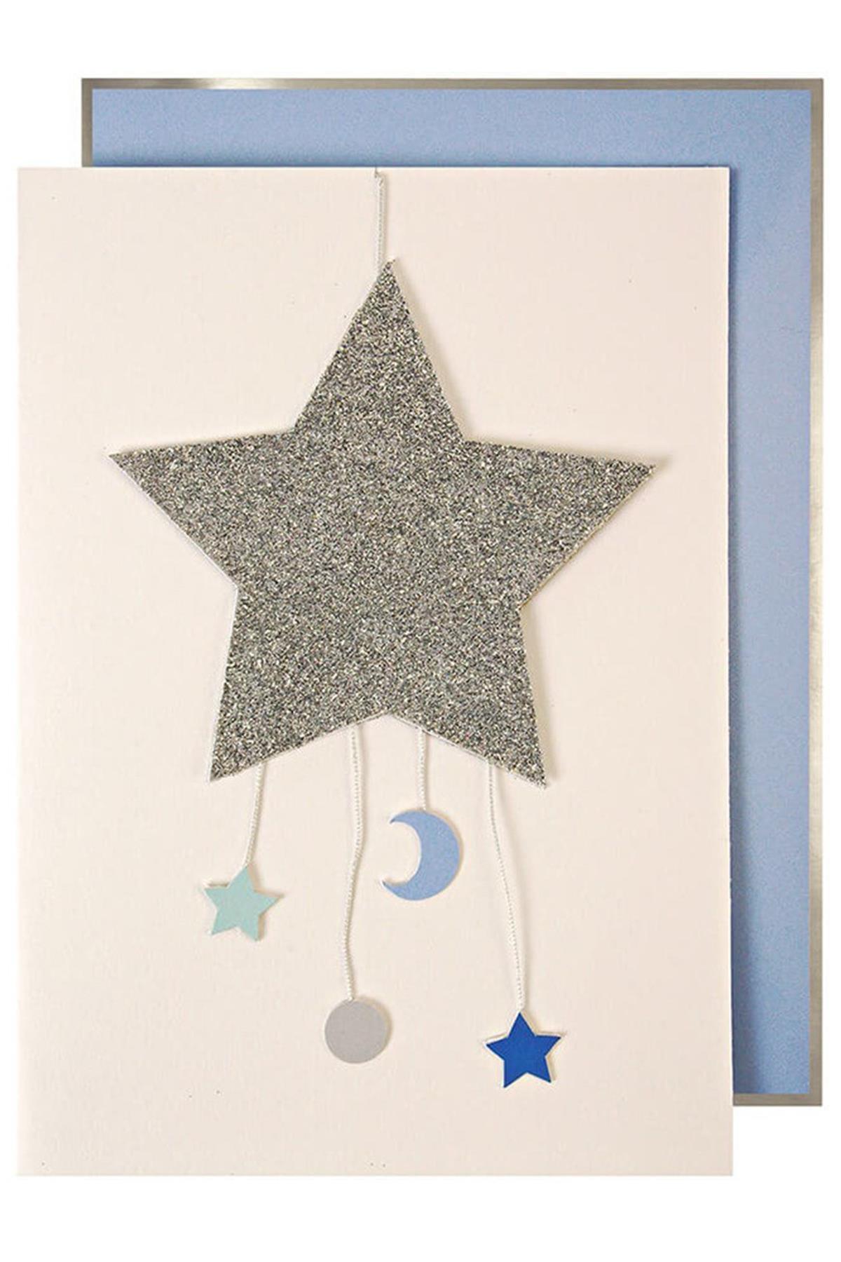 Meri Meri - Baby Star Mobile Card - Ay & Yıldız Tebrik Kartı - Mavi Çok Renkli