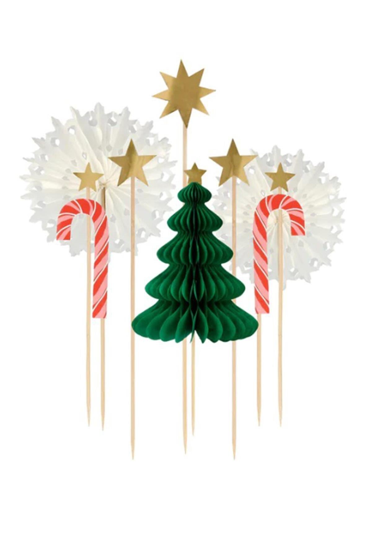 Meri Meri - Christmas Honeycomb Cake Topper Set - Petekli Yeni Yıl Pasta Süsü Seti - 10 parça Çok Renkli