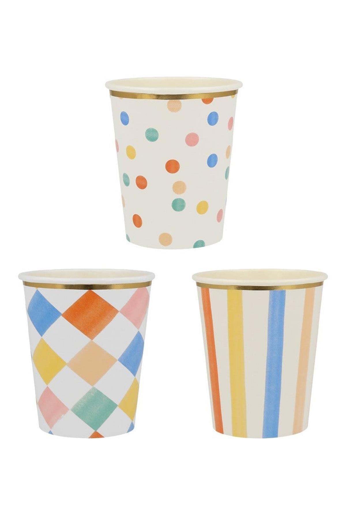 Meri Meri - Colourful Pattern Cups - Renkli Desenler Bardaklar - 8'li Çok Renkli