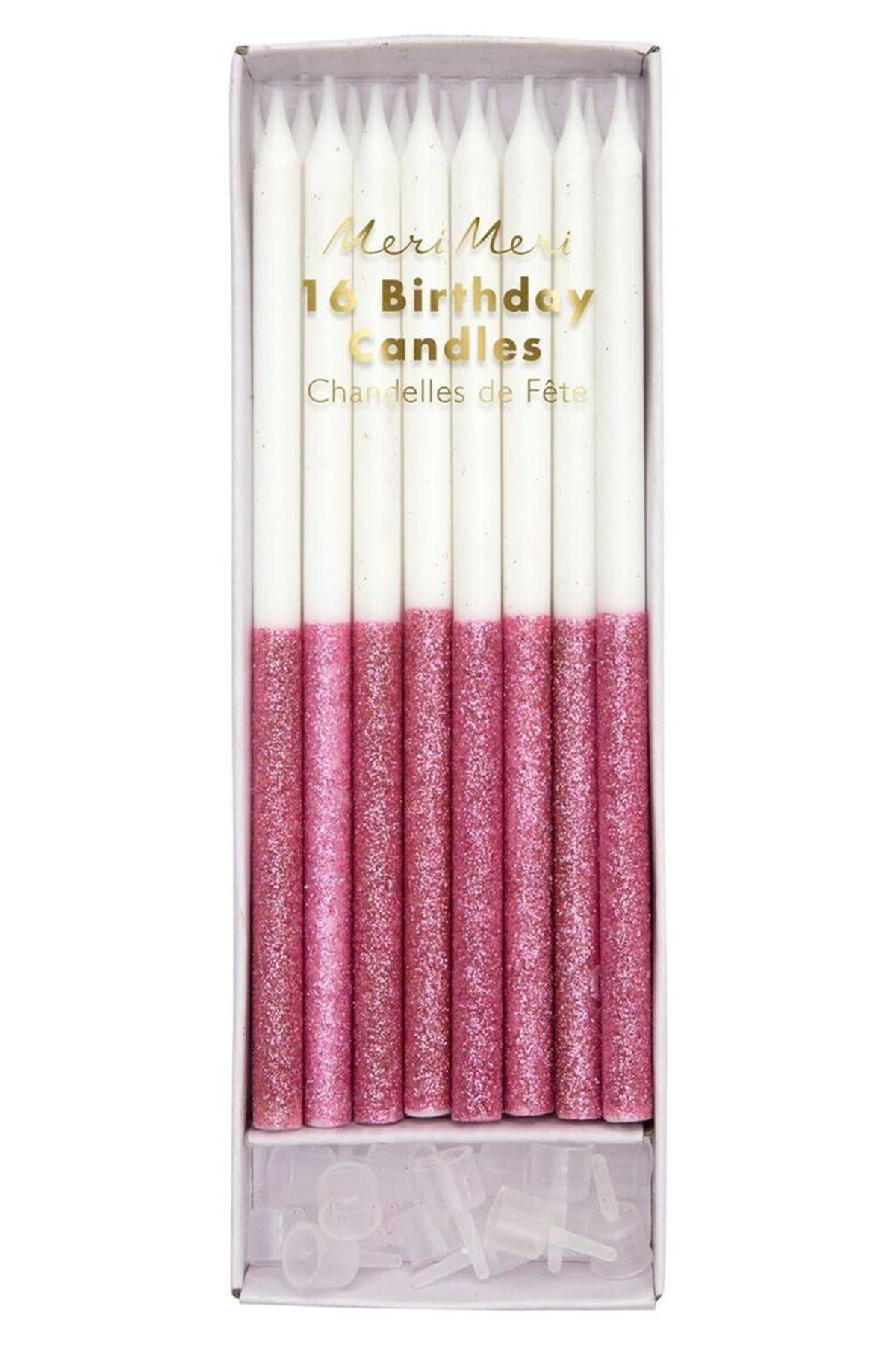 Meri Meri - Dusky Pink Glitter Dipped Candles - Koyu Pembe Simli Mumlar Çok Renkli