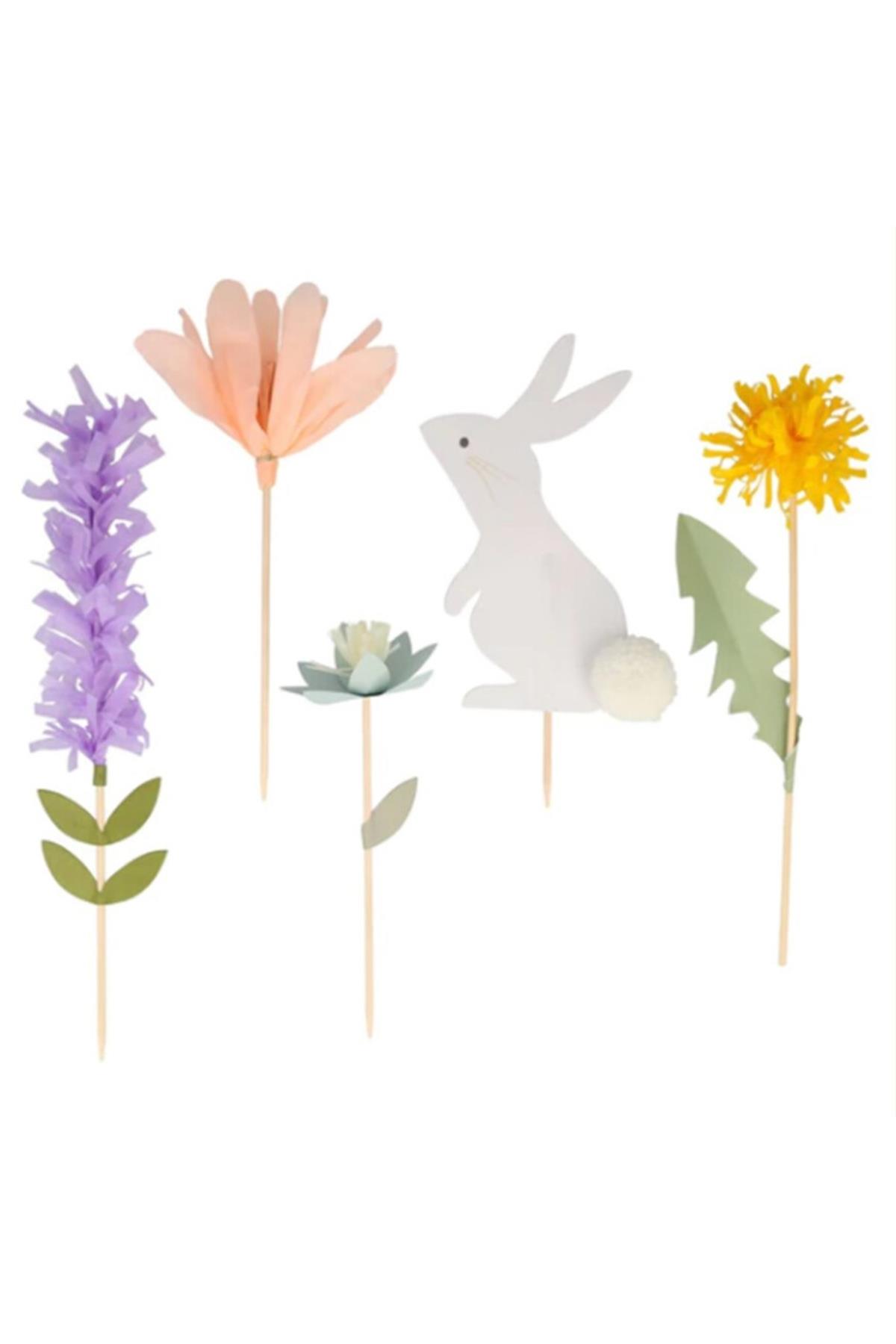 Meri Meri - Easter Cake Toppers - Çiçekli Tavşan Pasta Süsleri Çok Renkli