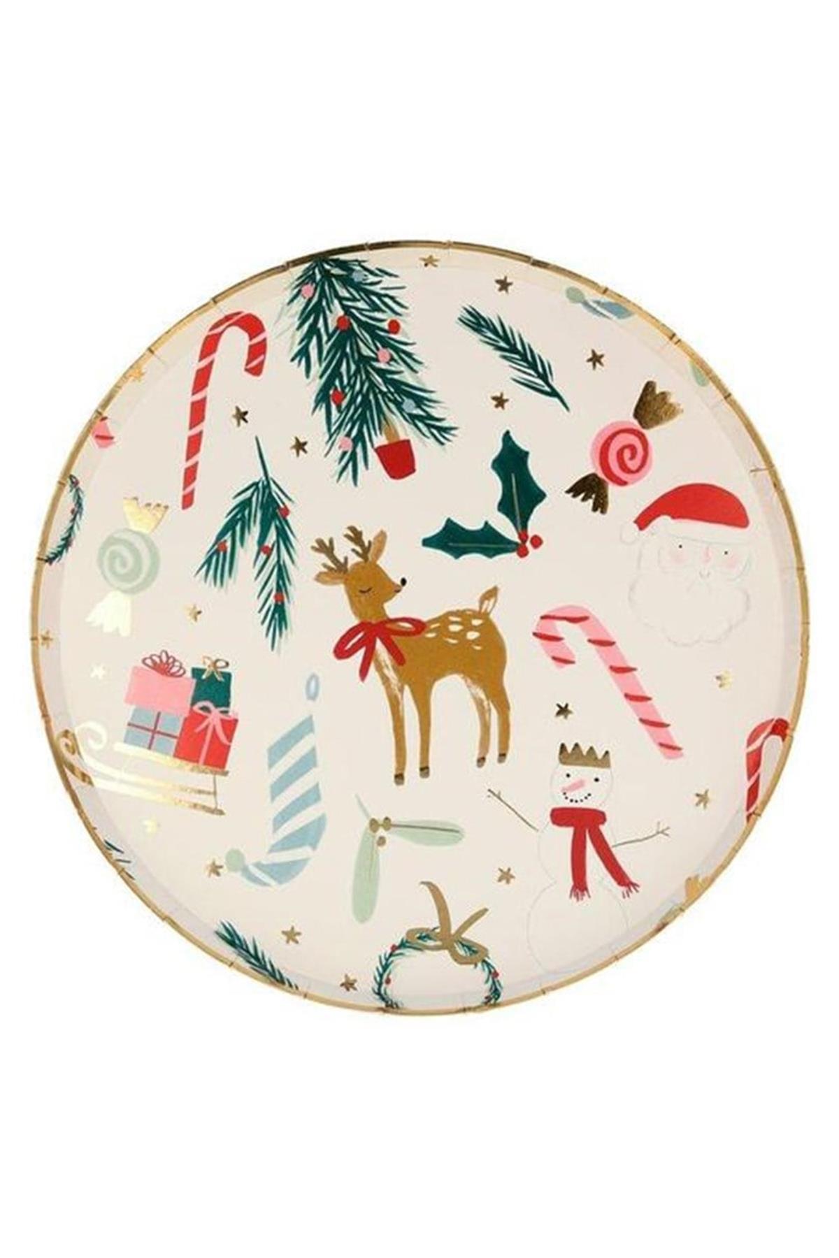 Meri Meri - Festive Motif Plates - Yeni Yıl Motifli Tabaklar - 8'li Çok Renkli