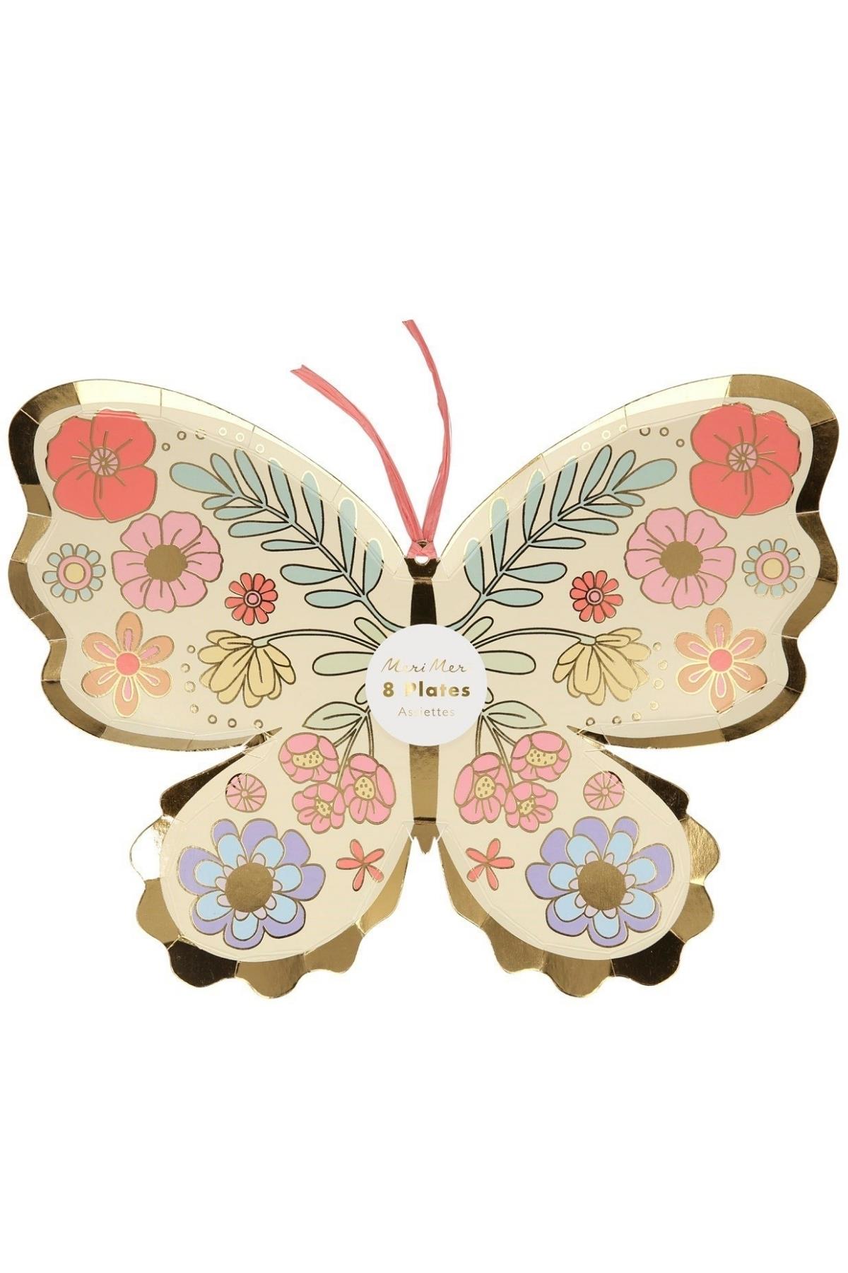 Meri Meri - Floral Butterfly Plates - Çiçekli Kelebek Tabak - 8'li Çok Renkli