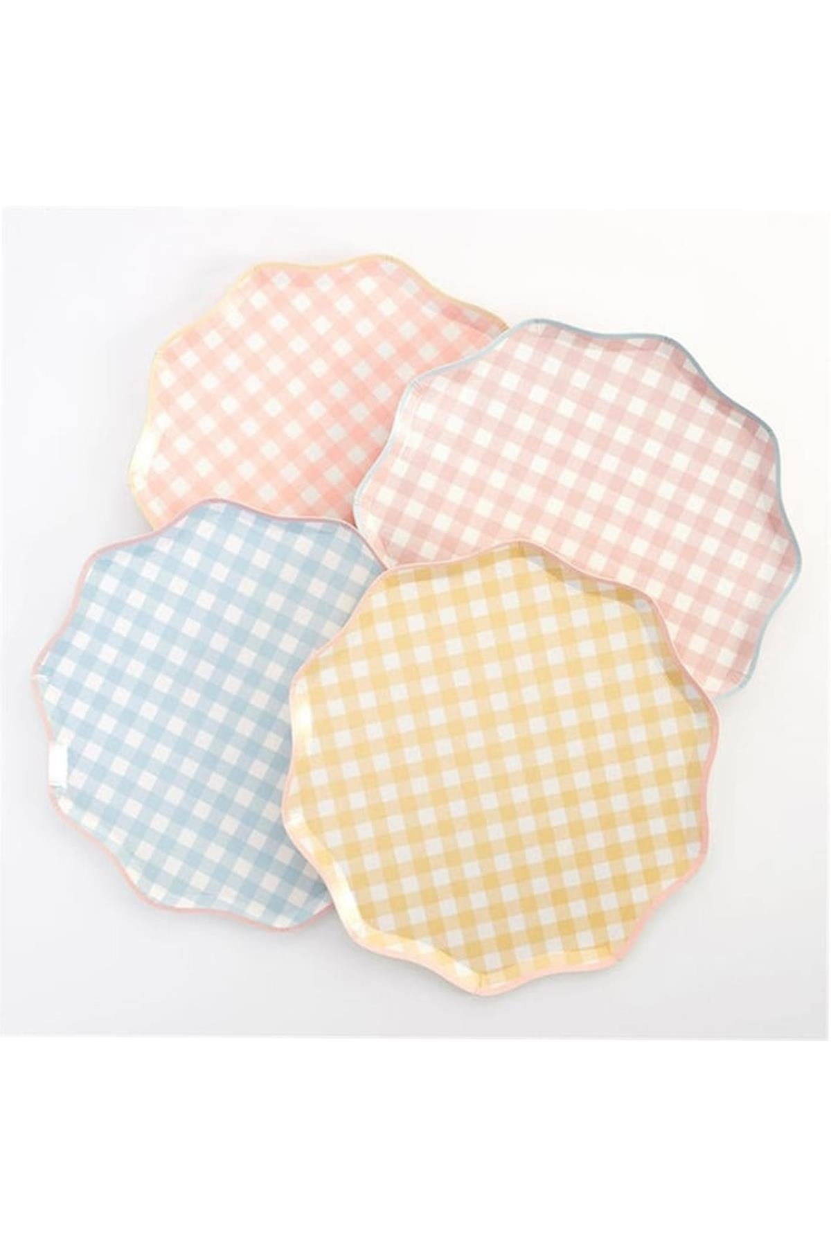 Meri Meri - Gingham Plates - Damalı Tabaklar - L - 12'li Çok Renkli