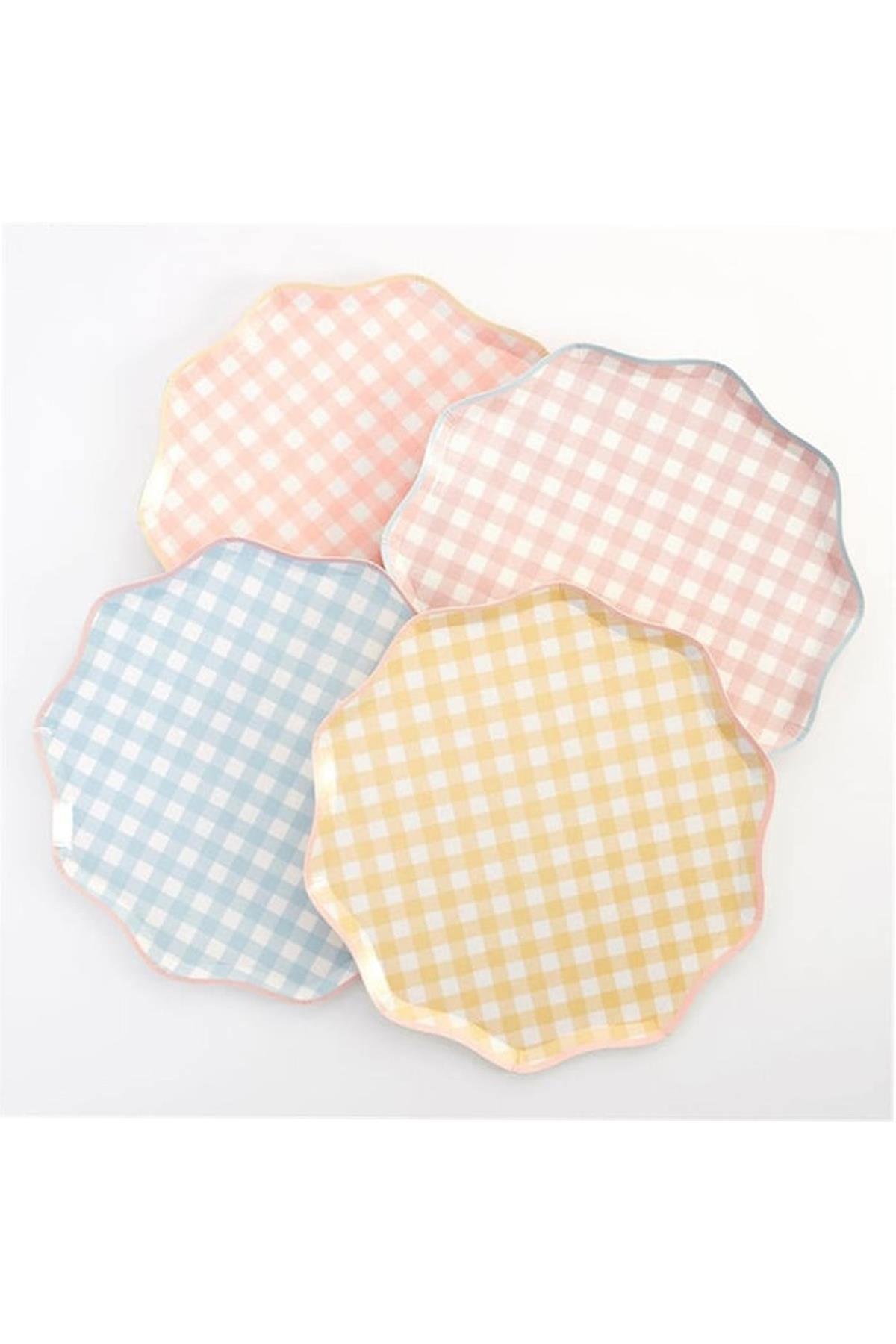 Meri Meri - Gingham Plates - Damalı Tabaklar - S - 12'li Çok Renkli