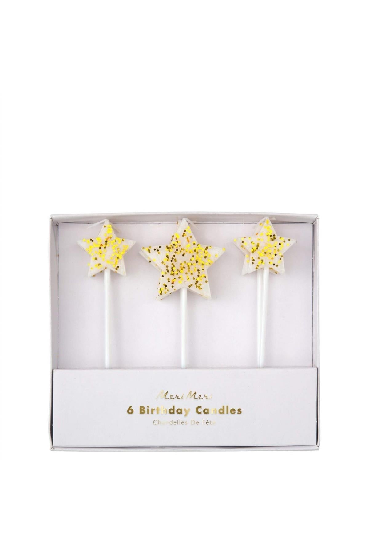 Meri Meri - Gold Glitter Star Candles - Altın Simli Yıldız Mumlar - 6'lı Çok Renkli
