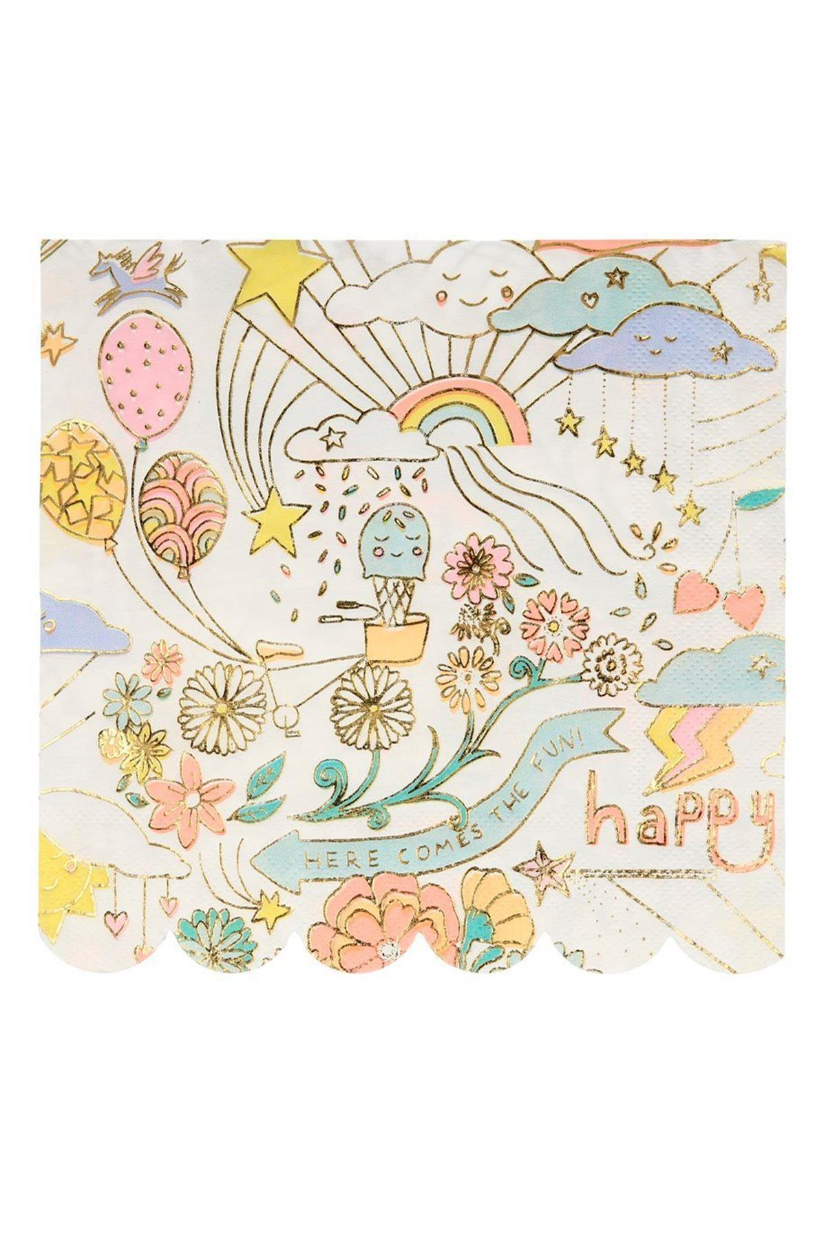 Meri Meri - Happy Doodle Napkins - Renkli Doodle Peçete - L - 16'lı Çok Renkli