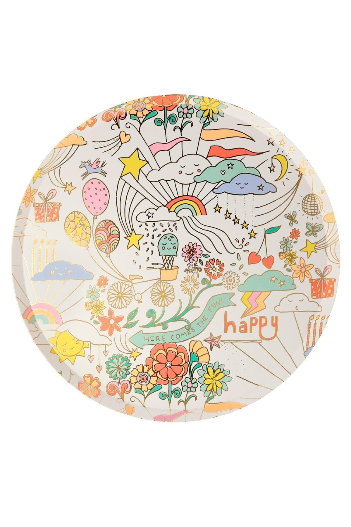 Meri Meri - Happy Doodle Plates - Renkli Doodle Tabak - 8'li Çok Renkli