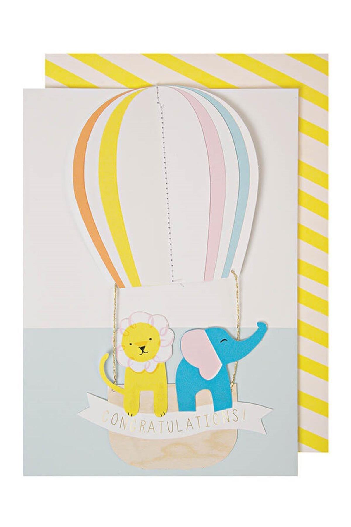 Meri Meri - Hot Air Balloon Baby Card - Uçan Balon Tebrik Kartı Çok Renkli