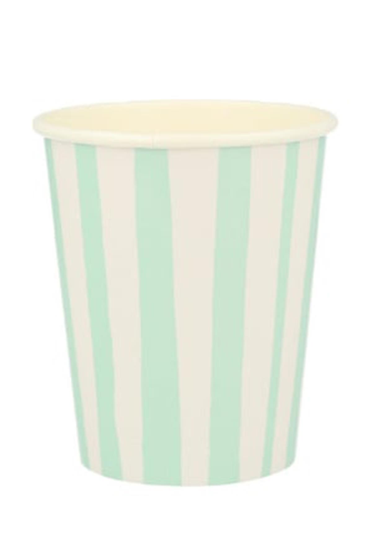 Meri Meri - Mint Stripe Cups - Mint Çizgili Bardaklar - 8'li Çok Renkli