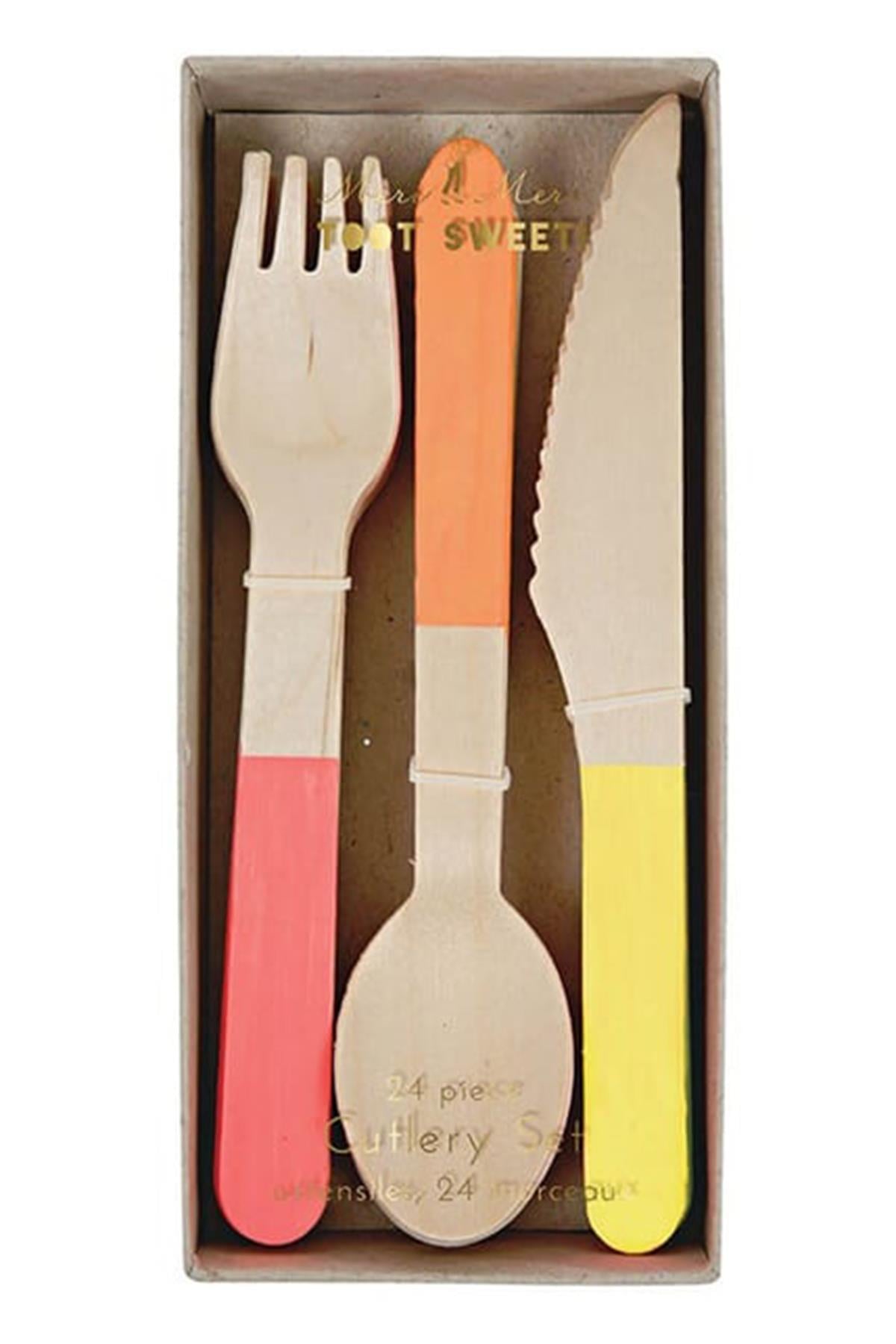 Meri Meri - Neon Wooden Cutlery Set - Neon Tahta Çatal-Kaşık-Bıçak Set Çok Renkli