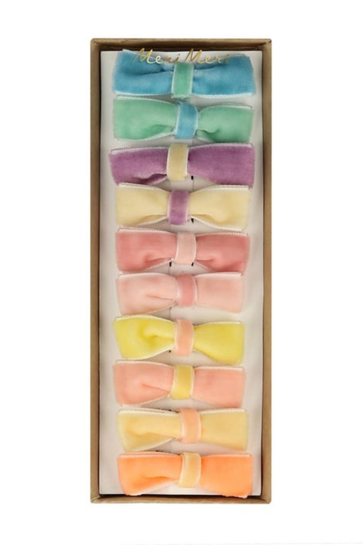 Meri Meri - Pastel Velvet Mini Bow Clips - Pastel Renk Kadife Tokalar - 10'lu Çok Renkli