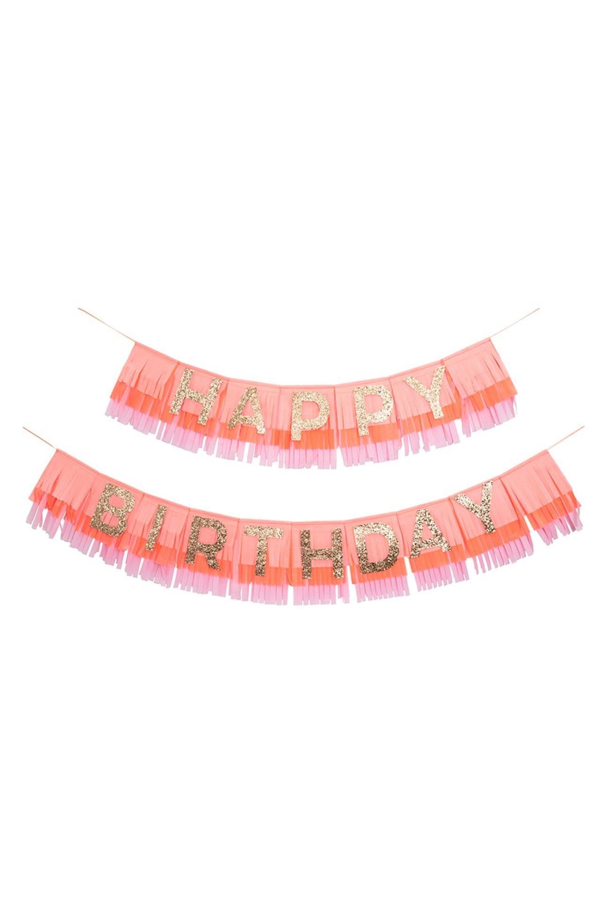 Meri Meri - Pink Happy Birthday Fringe Garland - Happy Birthday Pembe Püsküllü Asılan Süs Çok Renkli
