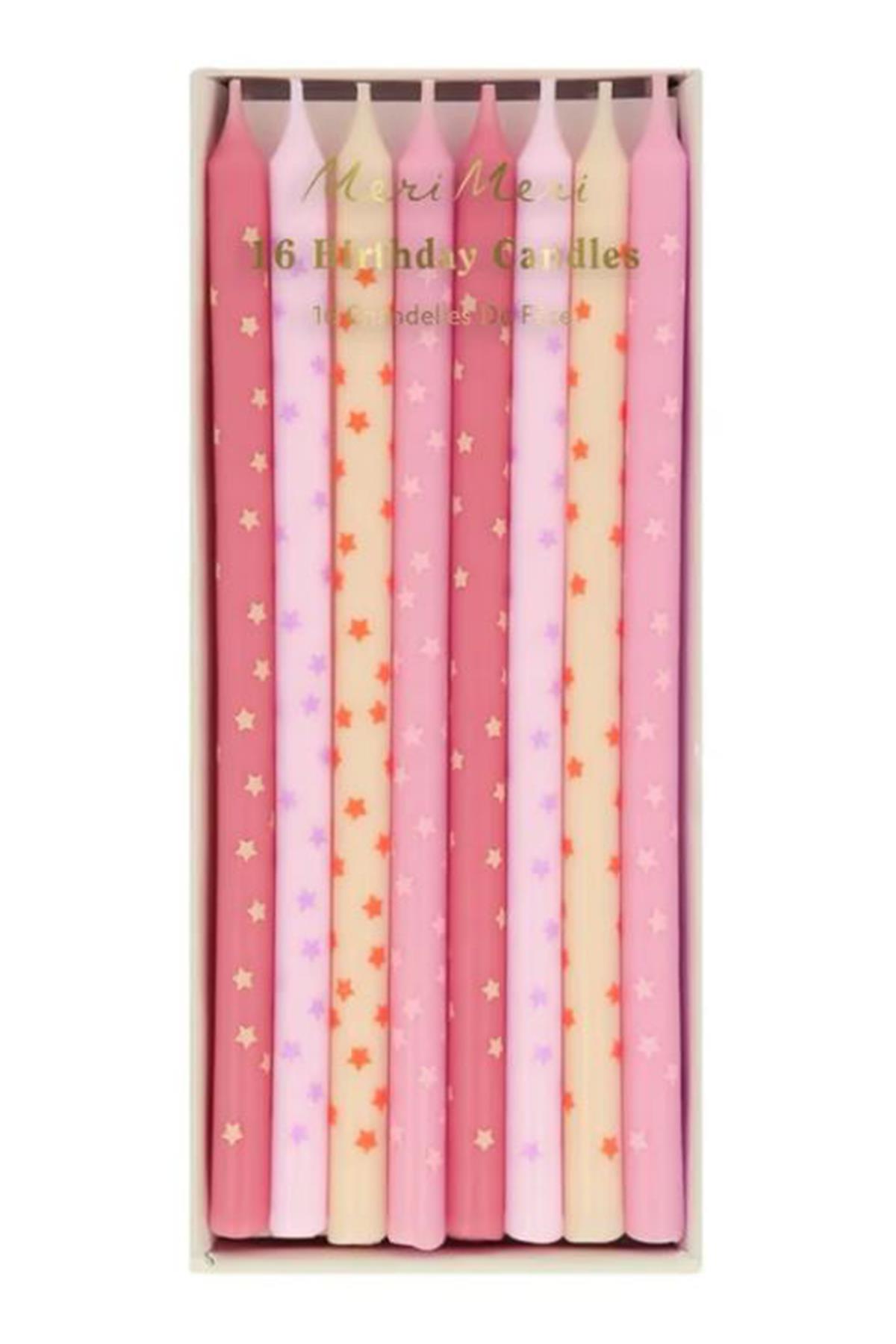 Meri Meri - Pink Stars Candles - Pembe Yıldızlar Mumlar (x16) Çok Renkli