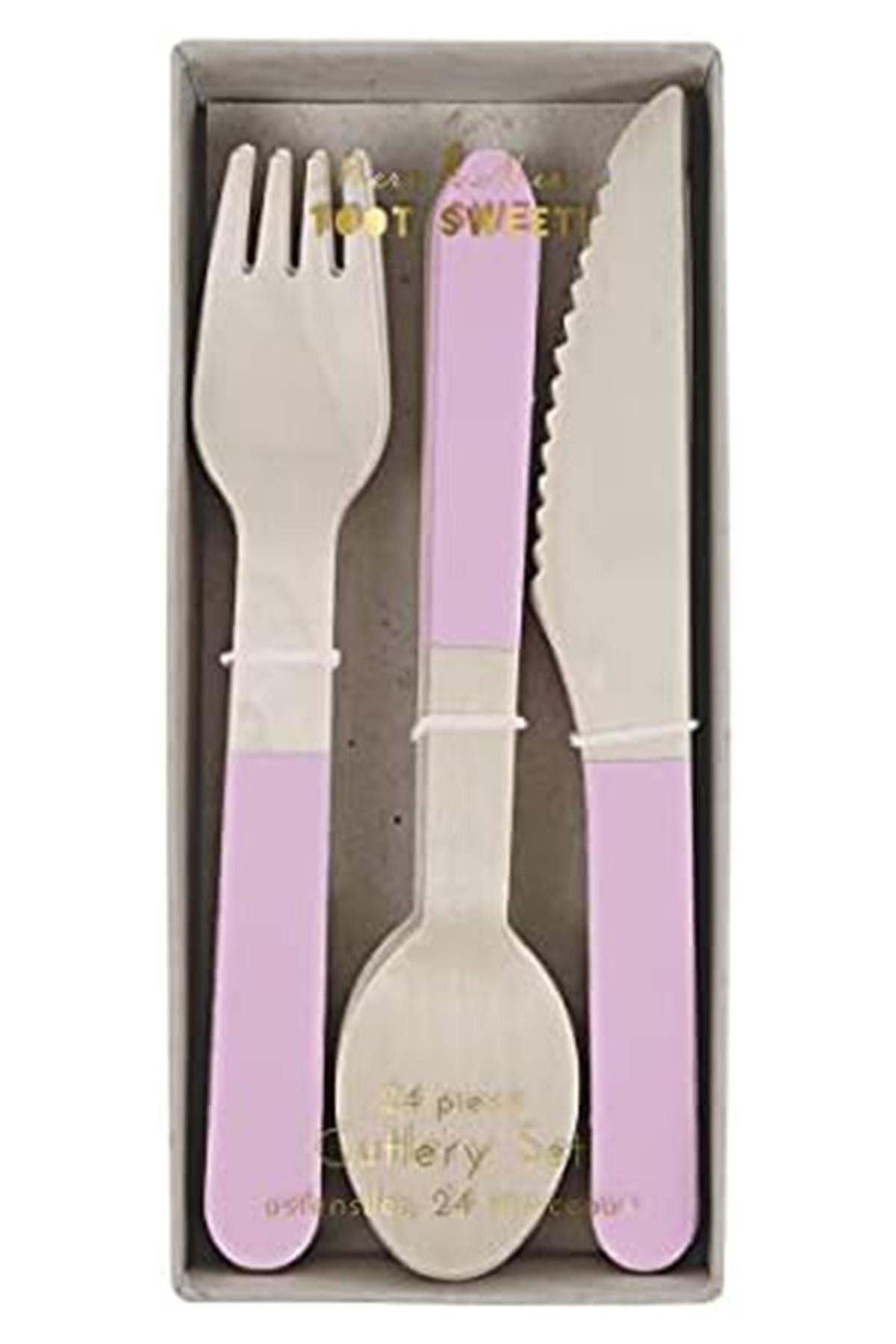 Meri Meri - Pink Wooden Cutlery Set - Pembe Tahta Çatal-Kaşık-Bıçak Set Çok Renkli