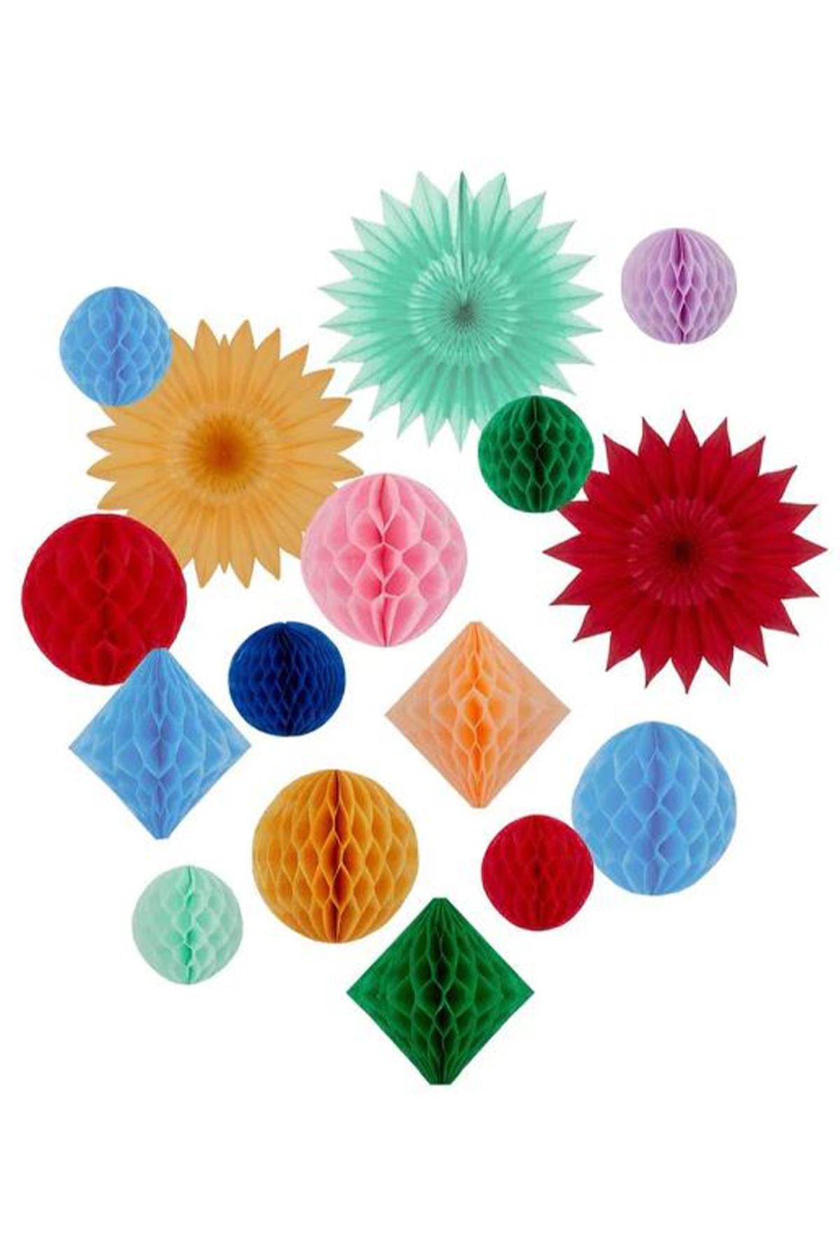 Meri Meri - Rainbow Honeycomb Decoration Kit - Gökkuşağı Petekli Dekor Kiti - 16 parça Çok Renkli
