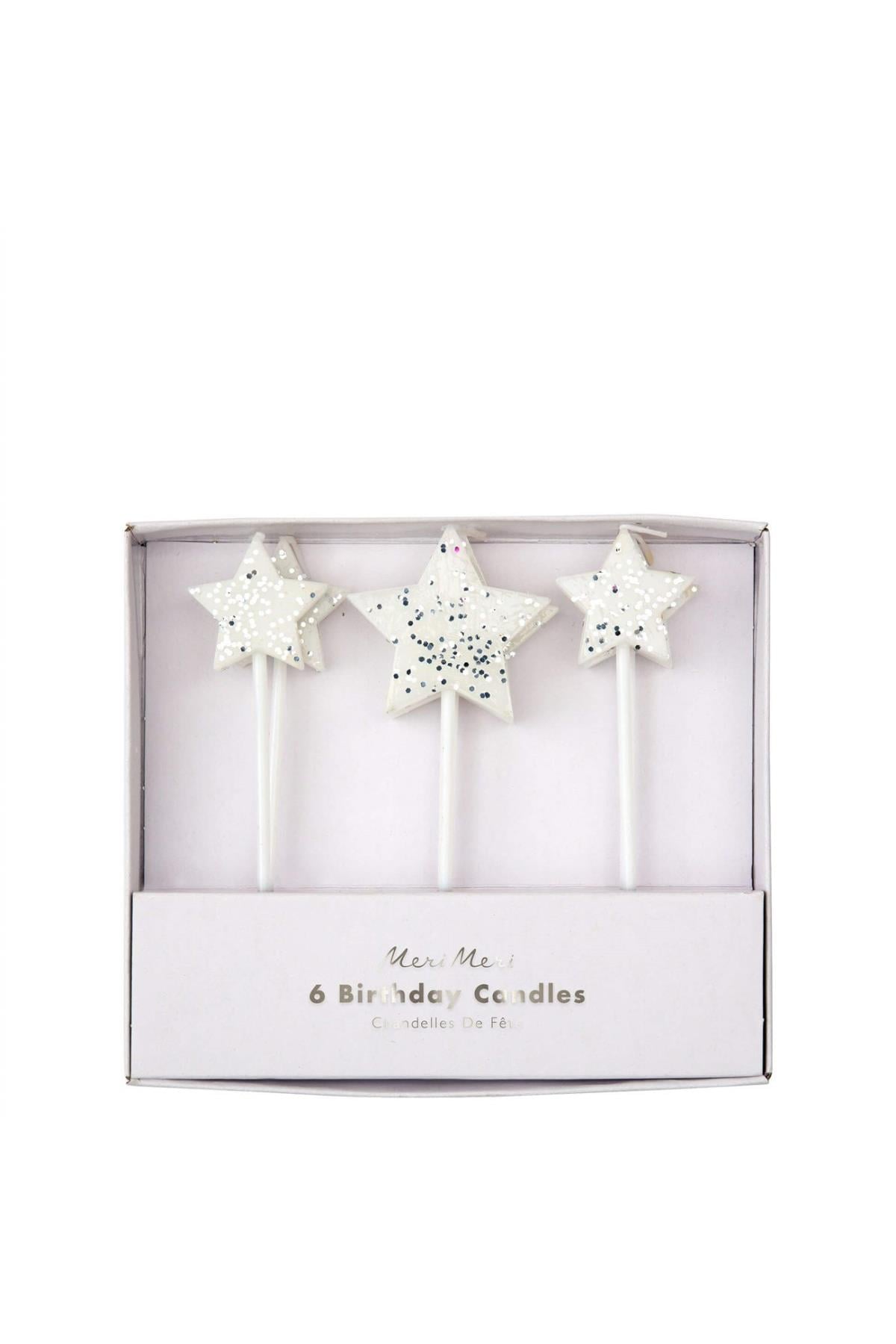 Meri Meri - Silver Glitter Star Candles - Gümüş Simli Yıldız Mumlar - 6'lı Çok Renkli