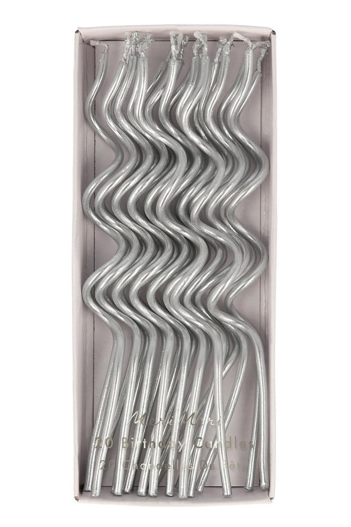 Meri Meri - Silver Swirly Candles - Gümüş Kıvrımlı Mumlar - 20'li Çok Renkli