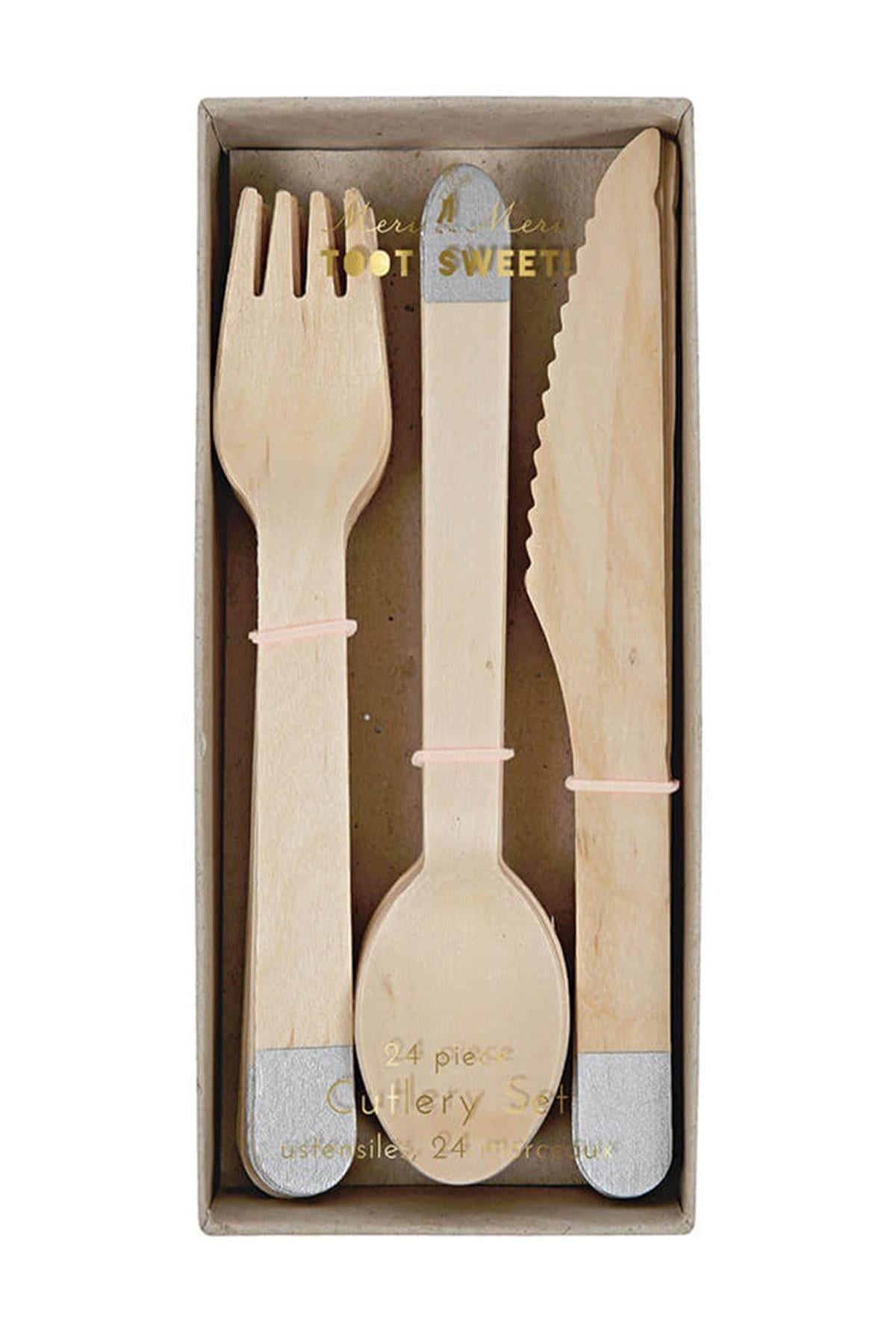 Meri Meri - Silver Wooden Cutlery Set - Gümüş Tahta Çatal-Kaşık-Bıçak Set Çok Renkli