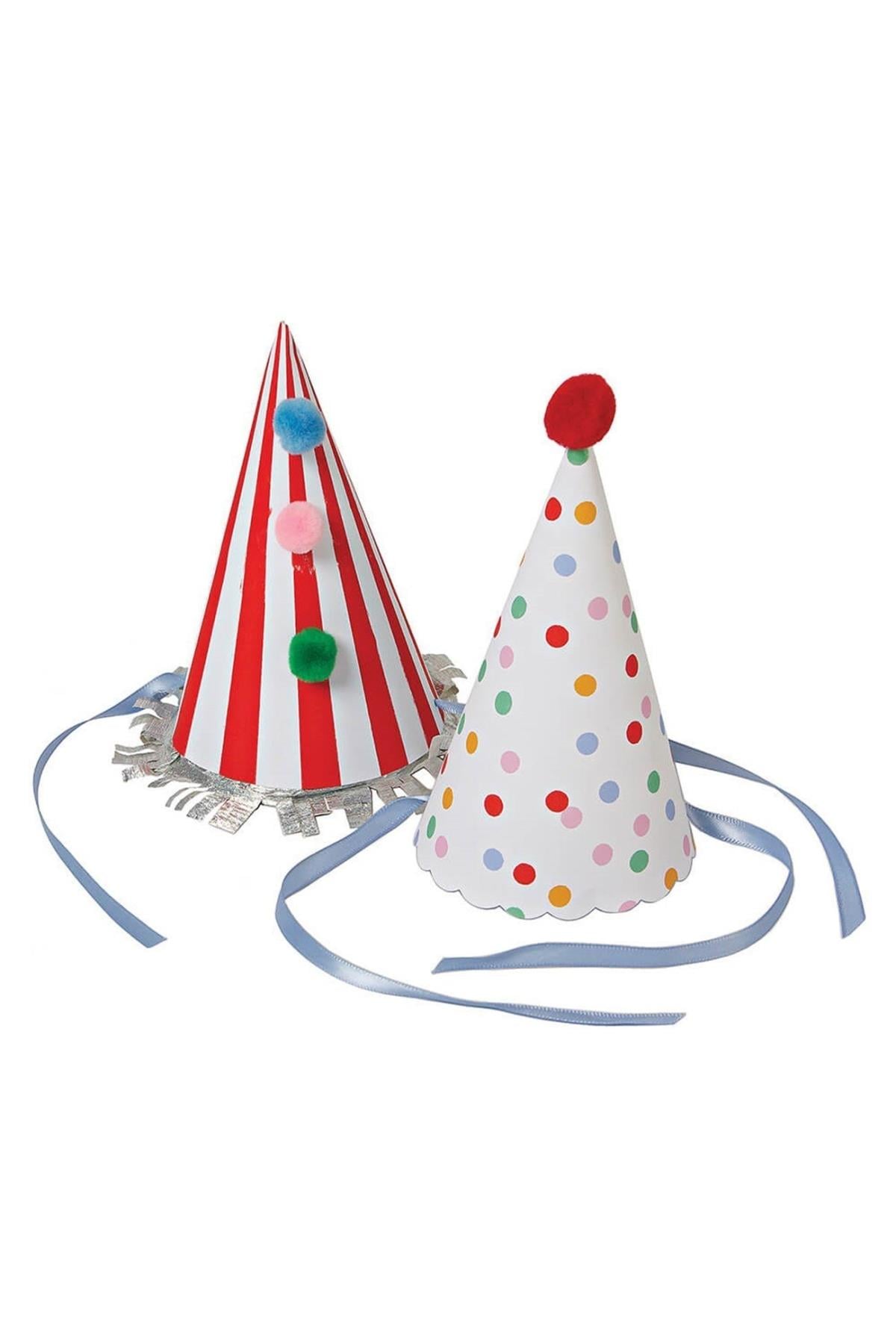 Meri Meri - Spots & Stripes Party Hats - Renkli Puantiyeli & Çizgili Parti Şapkaları Çok Renkli