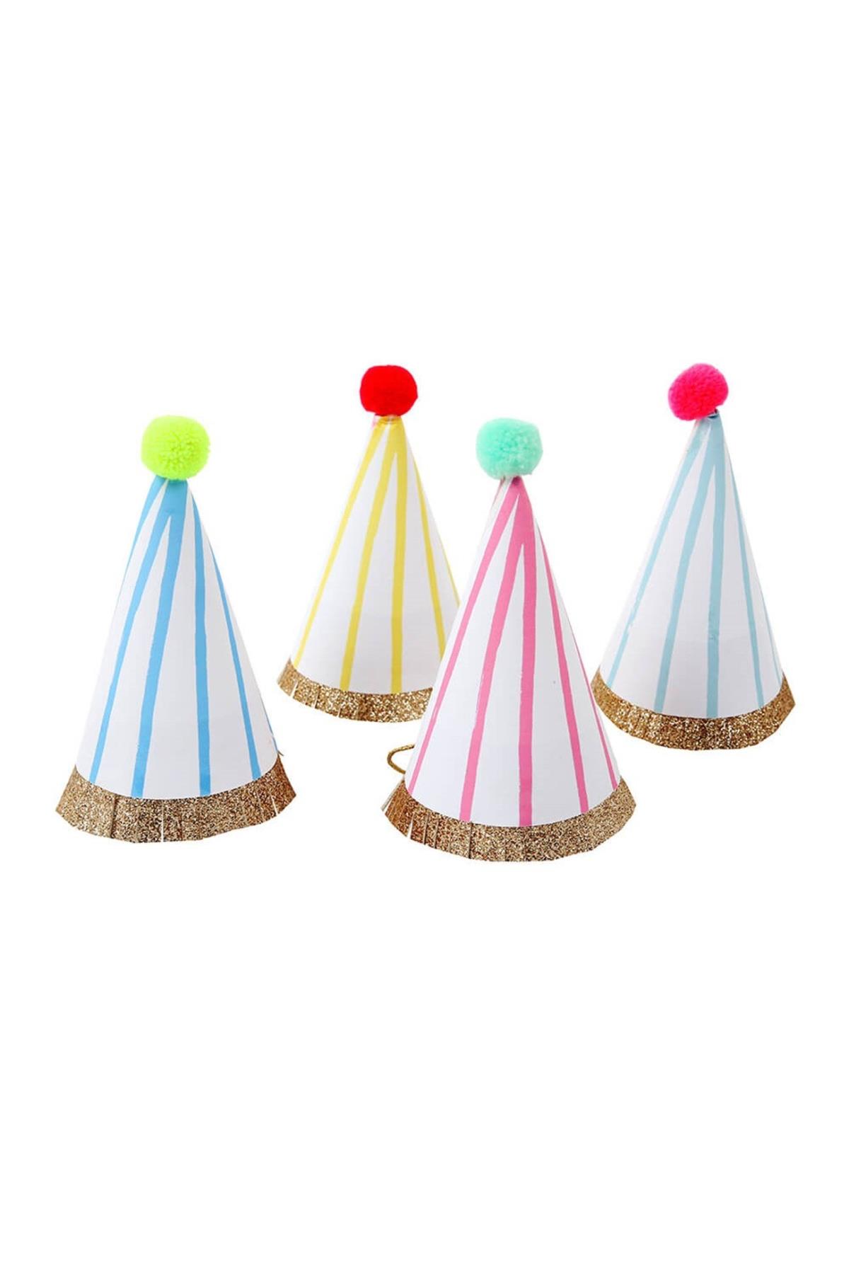 Meri Meri - Stripe & Pompom Party Hats - Çizgili & Ponponlu Parti Şapkaları - L Çok Renkli