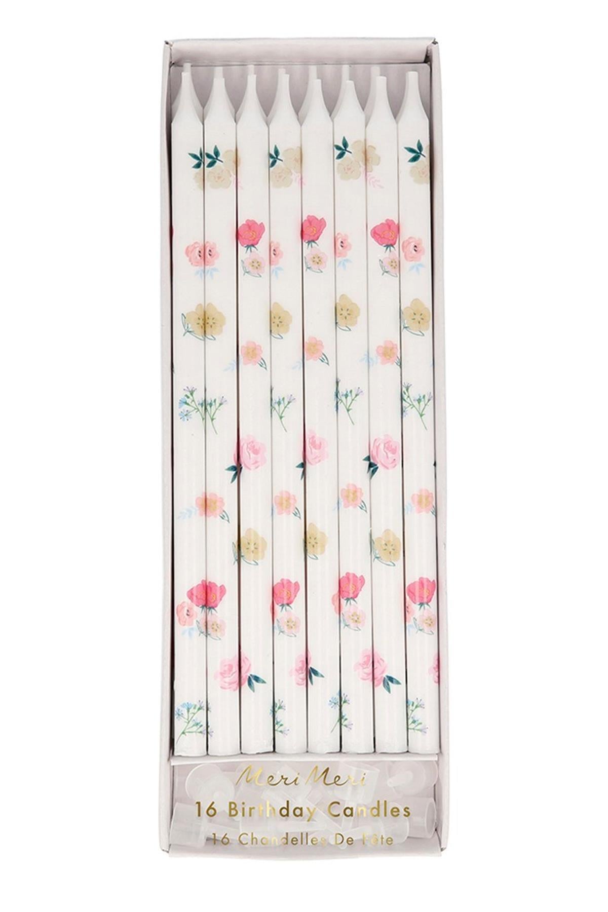 Meri Meri - Tapered Floral Candles - Çiçek Desenli Mumlar Çok Renkli