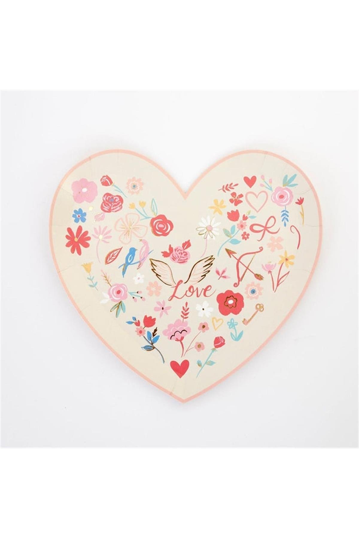 Meri Meri - Valentine’s Heart Die Cut Plates - Desenli Kalp Tabak - 8'li Çok Renkli