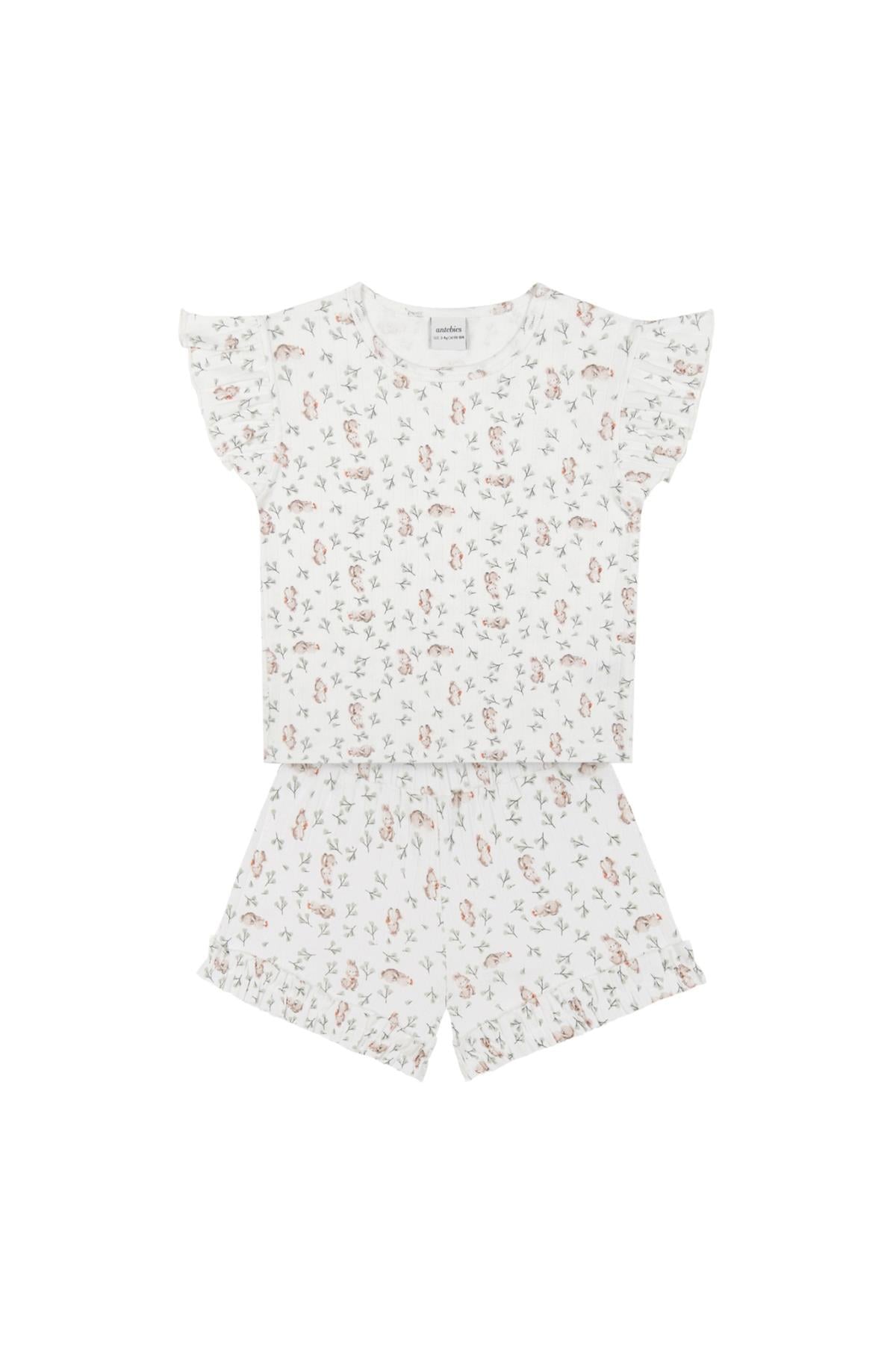 Sevimli Tavşan Fırfırlı Şortlu Pijama Takımı Beyaz