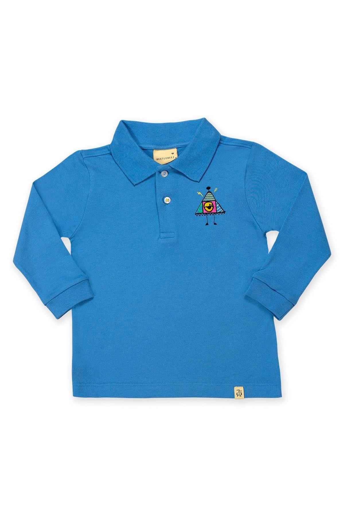 Striped Monster Uzun Kollu Çocuk Polo Yaka T-shirt Mavi