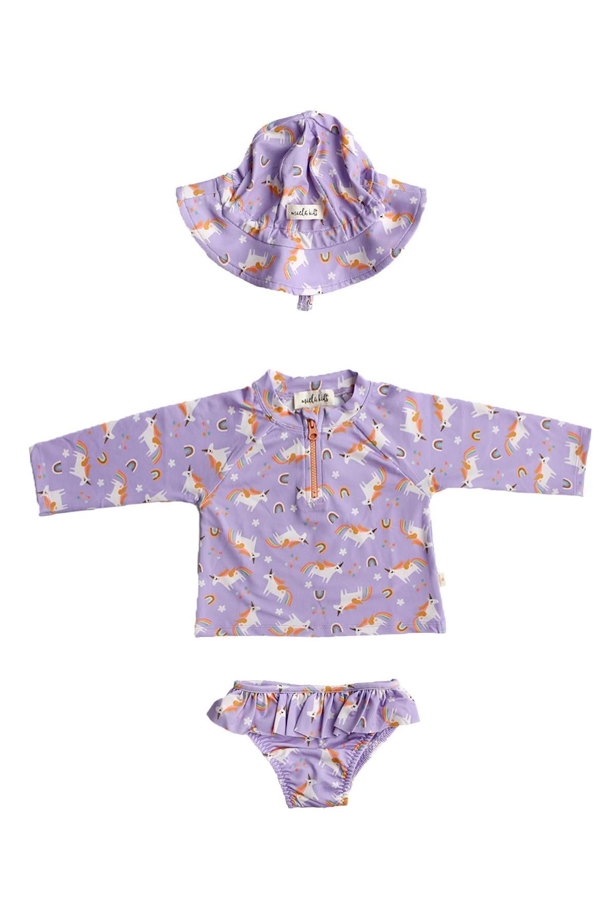 UV Korumalı Uzun Kollu Mayo Set - Rainbow Unicorn Lilac Çok Renkli
