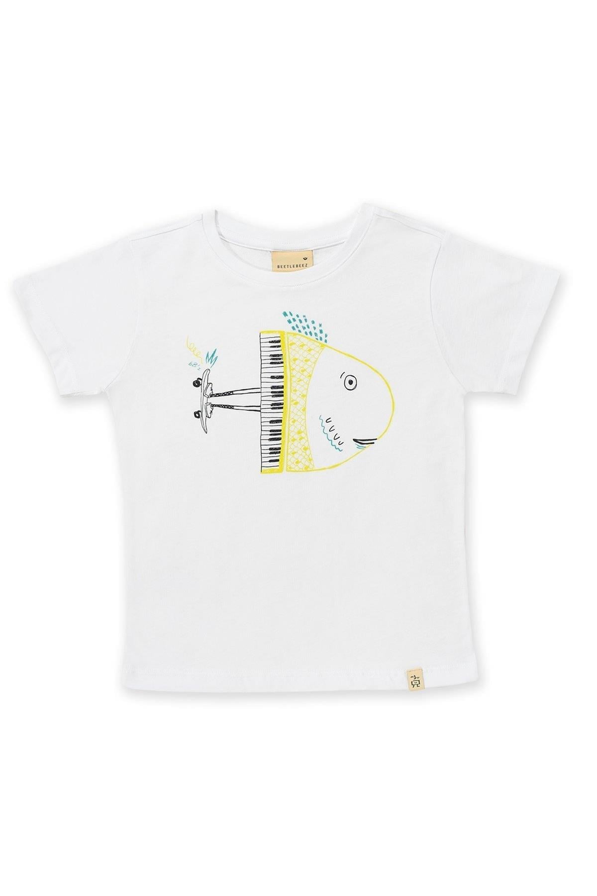 White Scateboarder Fish Kısa Kollu Çocuk T-Shirt Beyaz