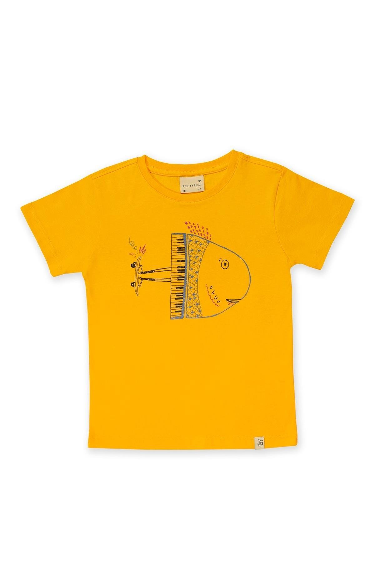 Yellow Scateboarder Fish Kısa Kollu Çocuk T-Shirt Sarı