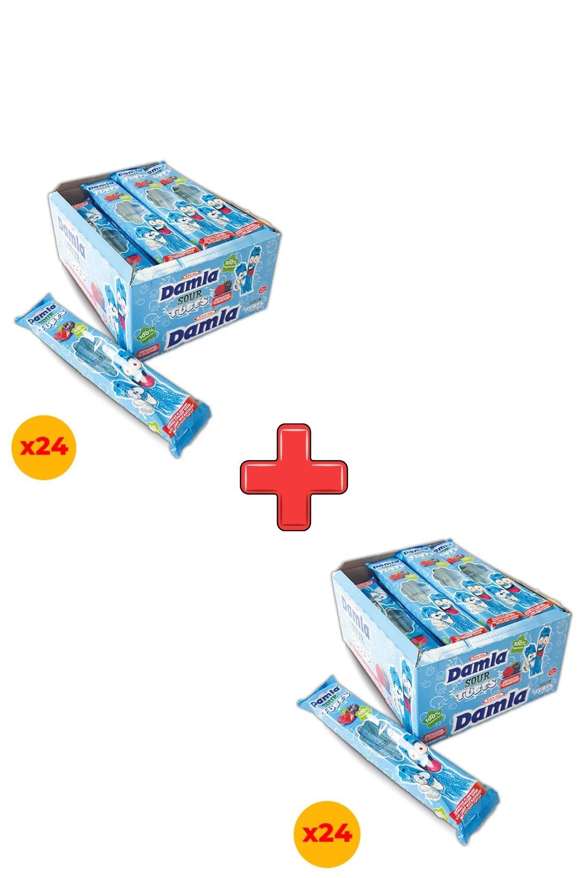 Damla Sour Tubes Licorice Ahududu-Böğürtlenli Jel Şeker Poşet 30 Gr X 24 Adet Kutulu 2'li Paket