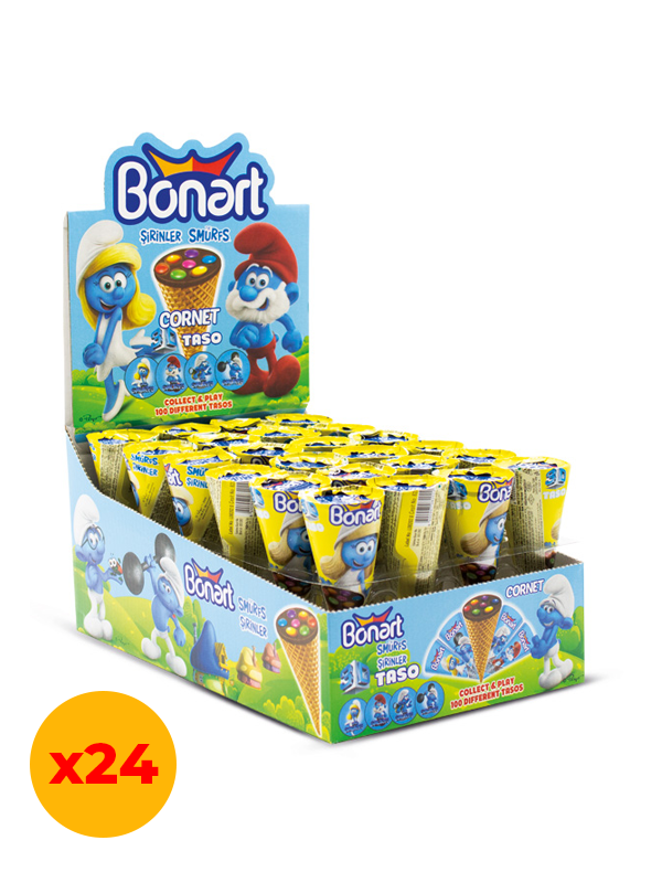 Bonart Smurfs Kornet Fındık Kremalı ve Şeker Kaplı Sütlü Çikolata Drajeli Gofret 25 Gr x 24 Adet Kutu