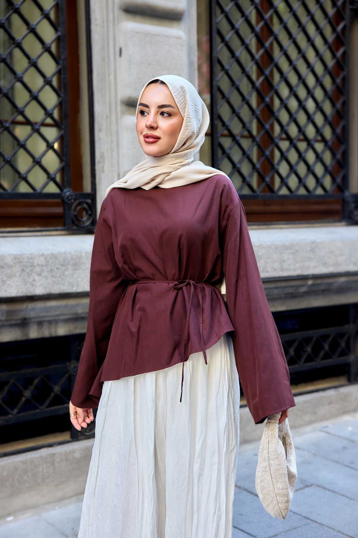 Bel Bağlamalı Etek Üstü Bluz Bordo