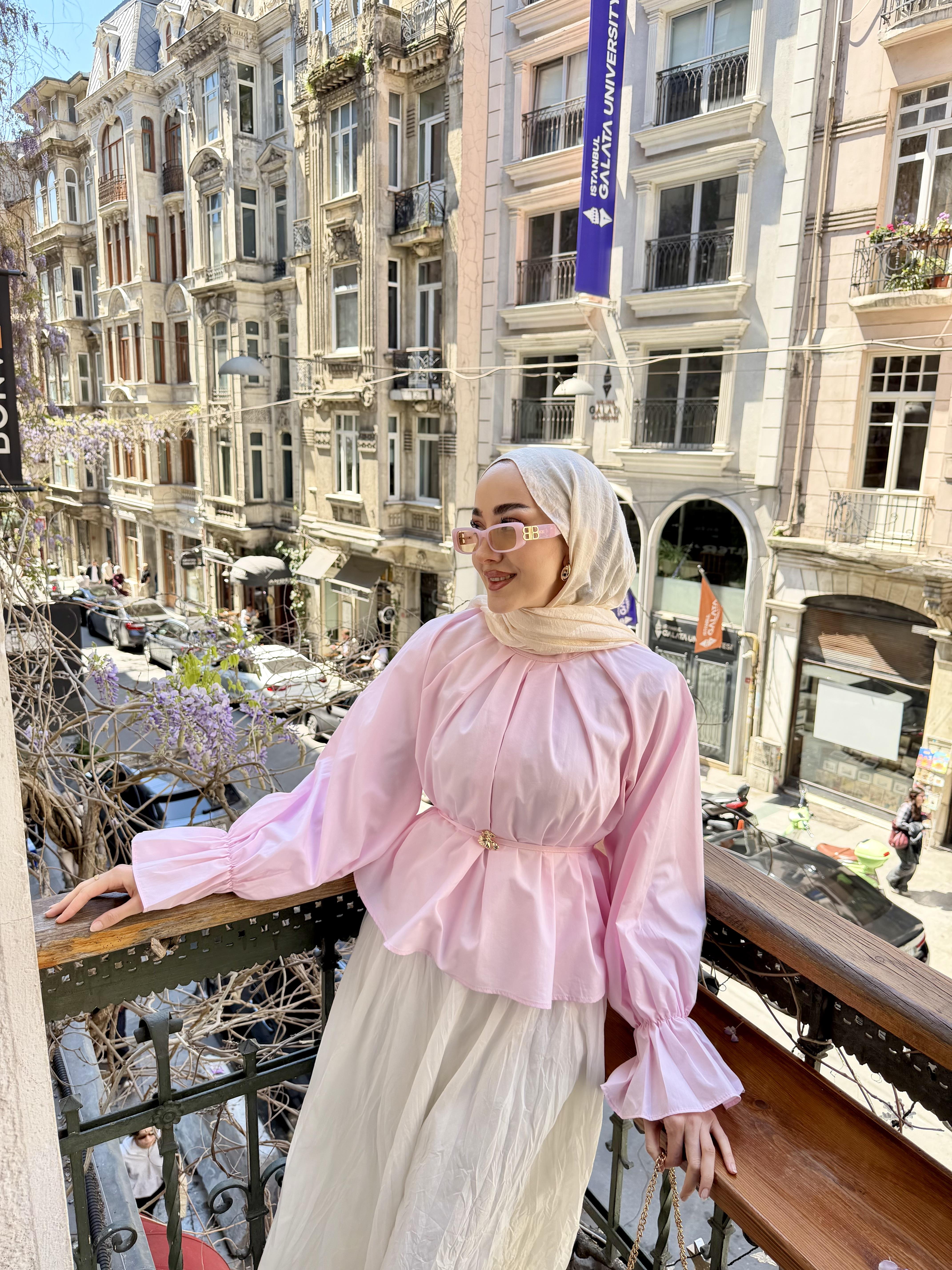 Bel Lastikli Pile Detay Bel Bağlamalı Bluz Pembe