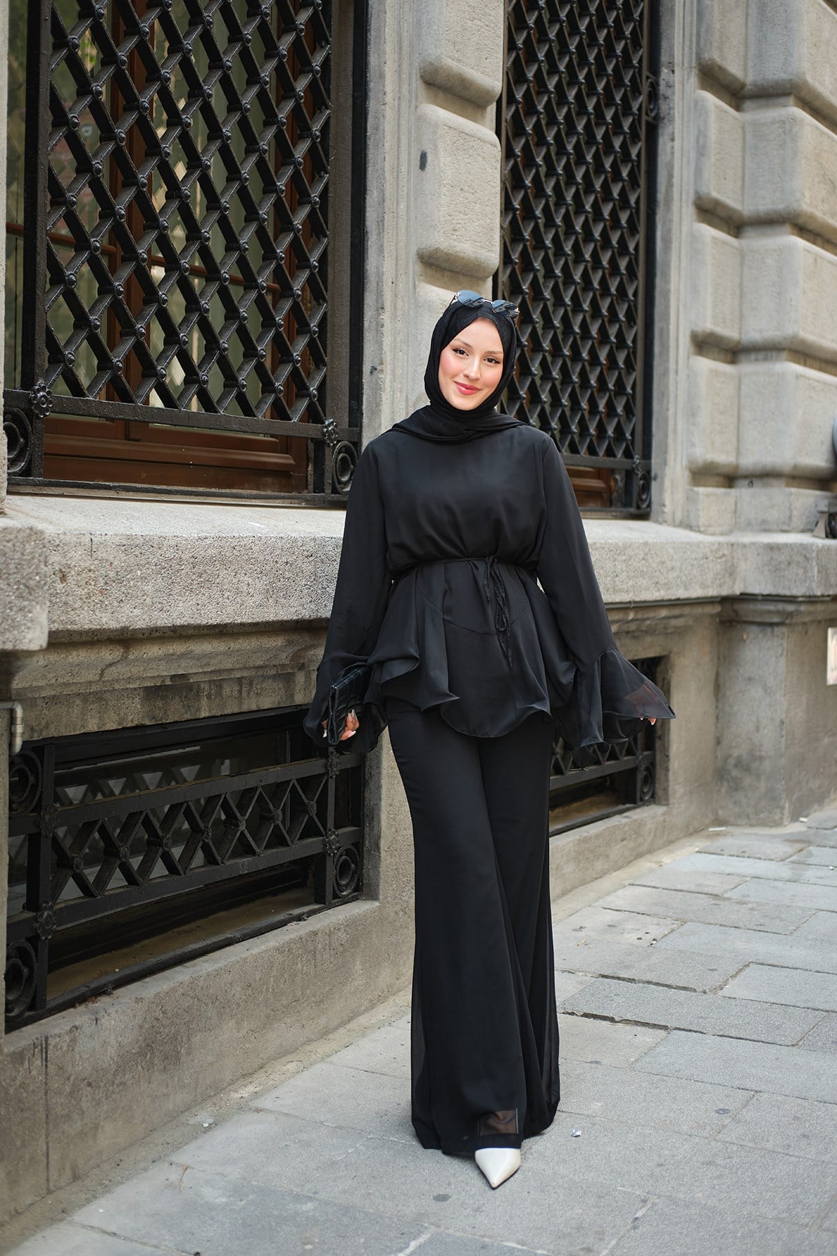 Beli Büzgülü Pantolonlu Şifon Takım Siyah
