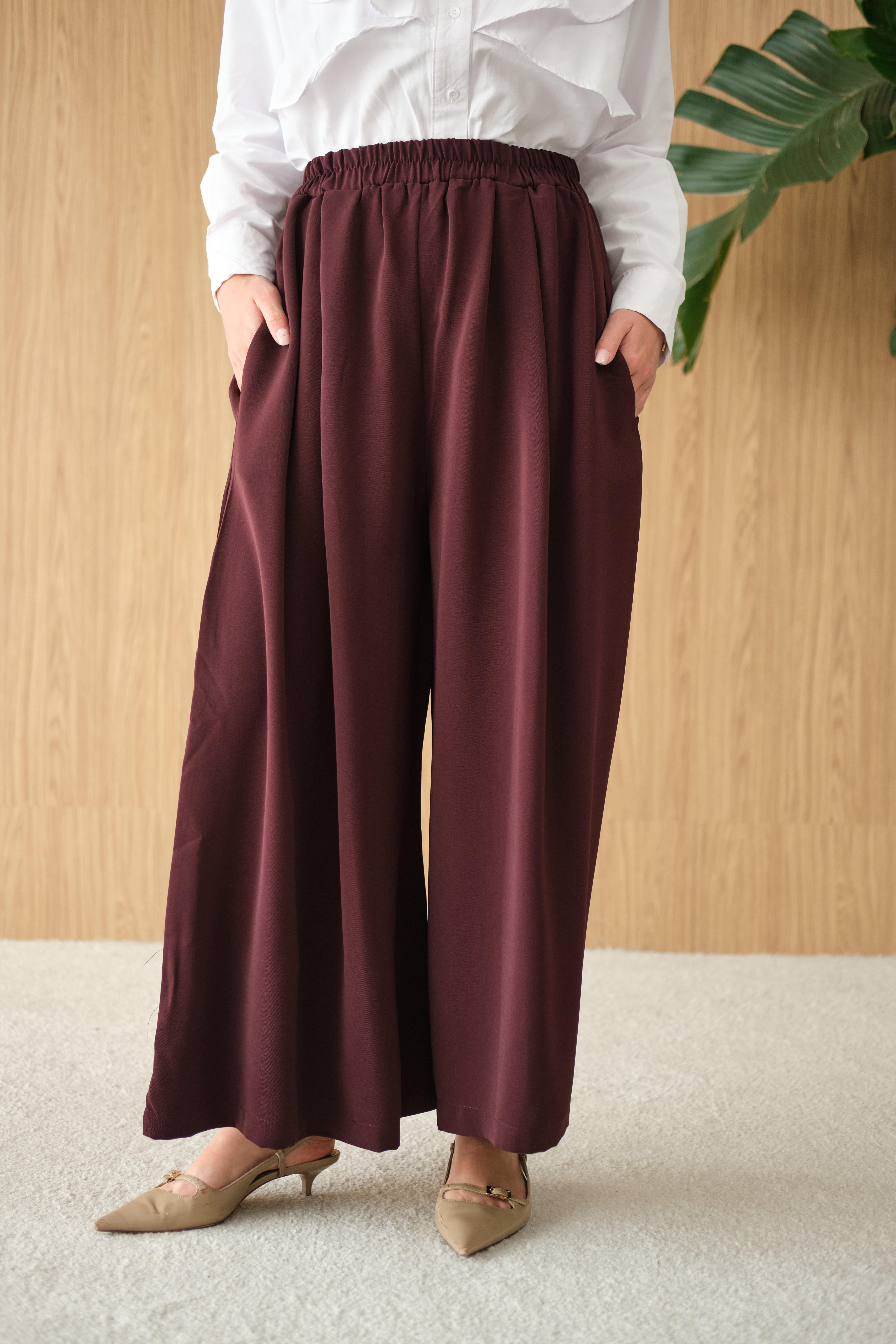 Beli Lastikli Bol Paça Kumaş Pantolon Mürdüm