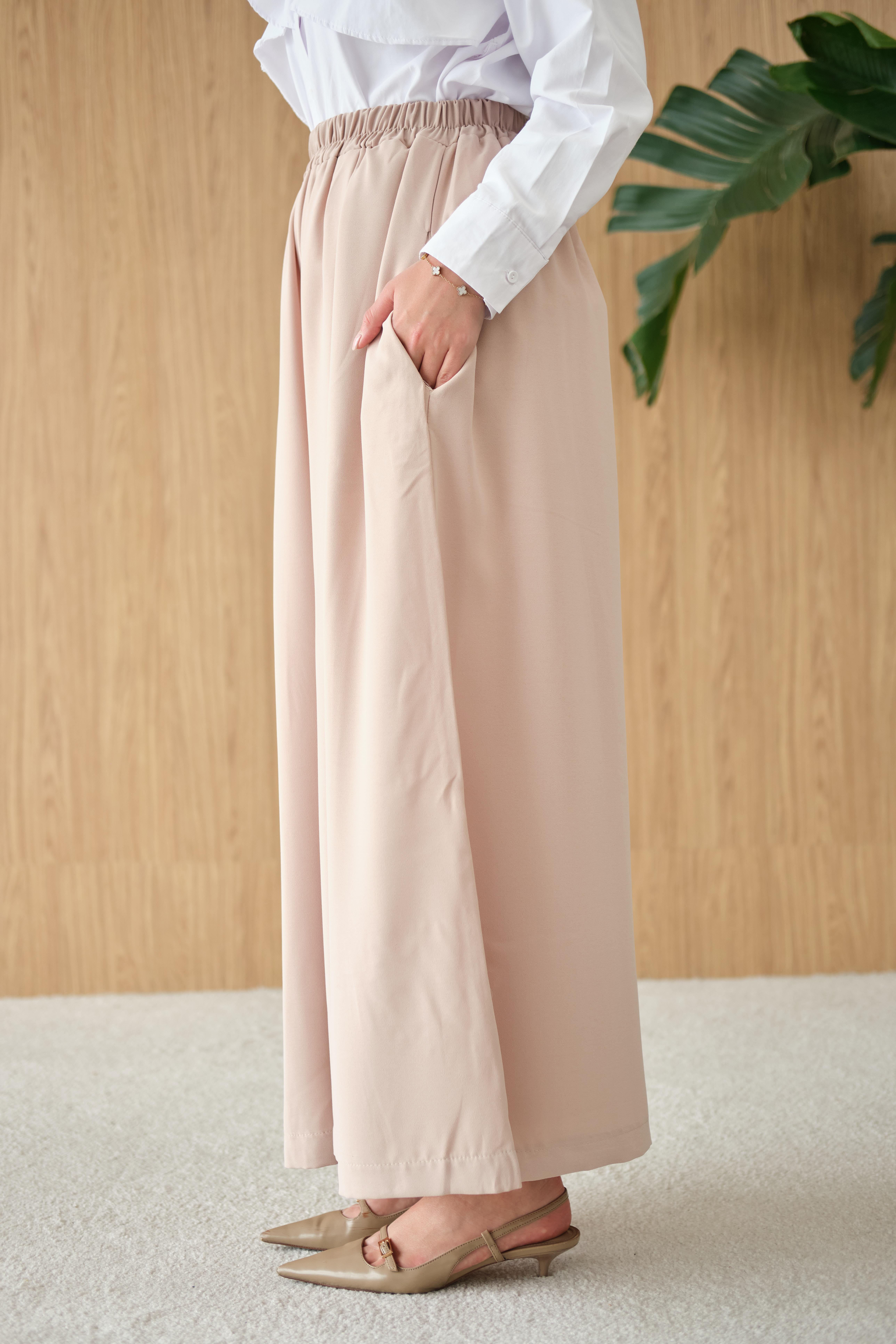 Beli Lastikli Bol Paça Kumaş Pantolon Krem