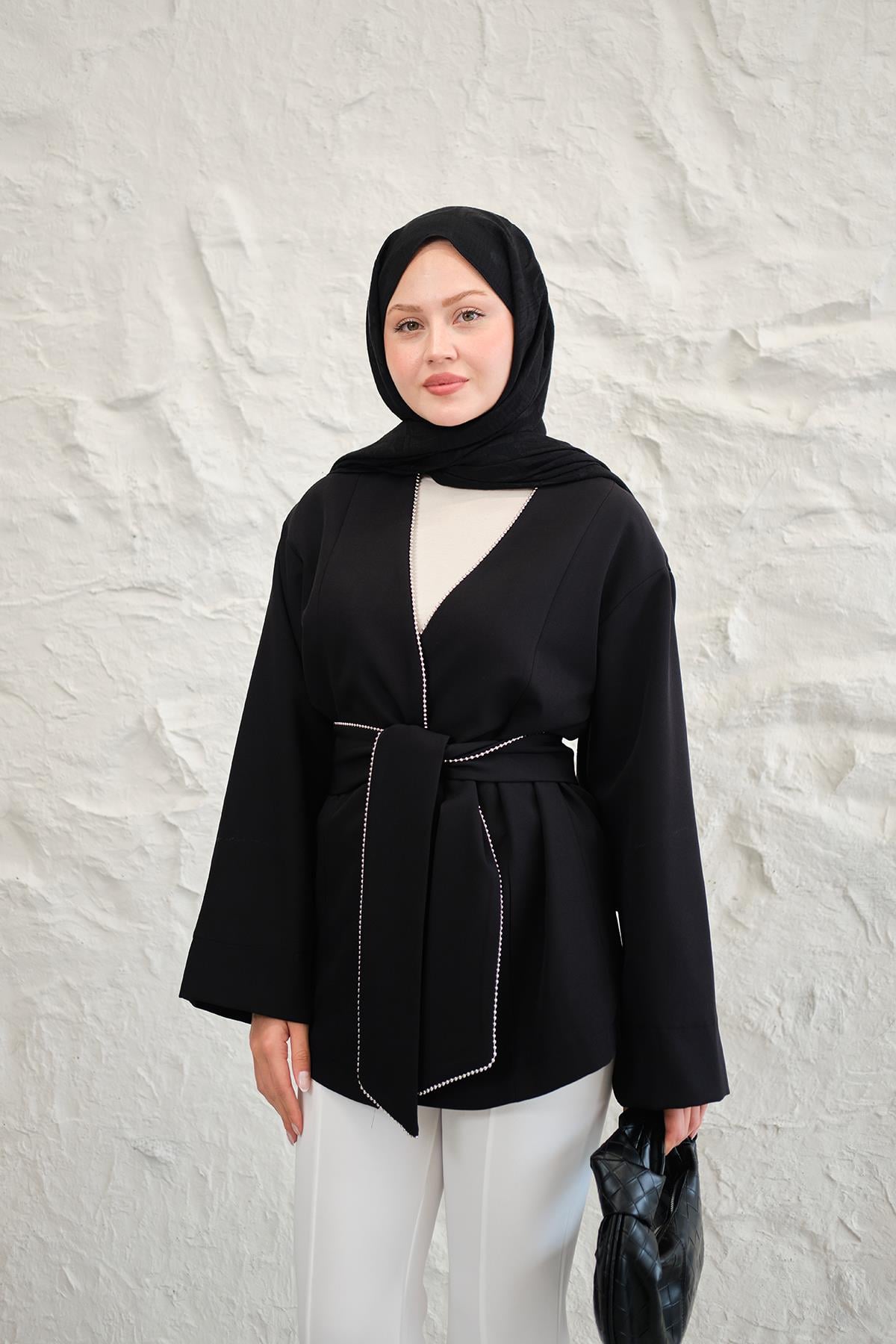 Boncuk Şerit Detay Bel Bağlamalı Kimono Siyah